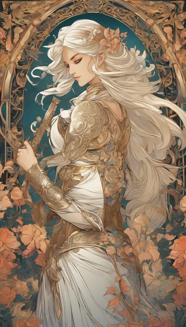 Vivid colors, detailed armor, engraved metallic armor, intricate designs on the armor, intricate armor engravings, imposing and powerful stance, fierce , flowing short white hair, dynamic pose, intense battle scene, fantasy setting, vibrant colors, dramatic lighting, epic atmosphere, mythical creatures in the background, magical effects surrounding the sword, attention to anatomy and facial features, iconic use of highlights and shadows, capturing emotion, masterful composition, portraying strong female characters.