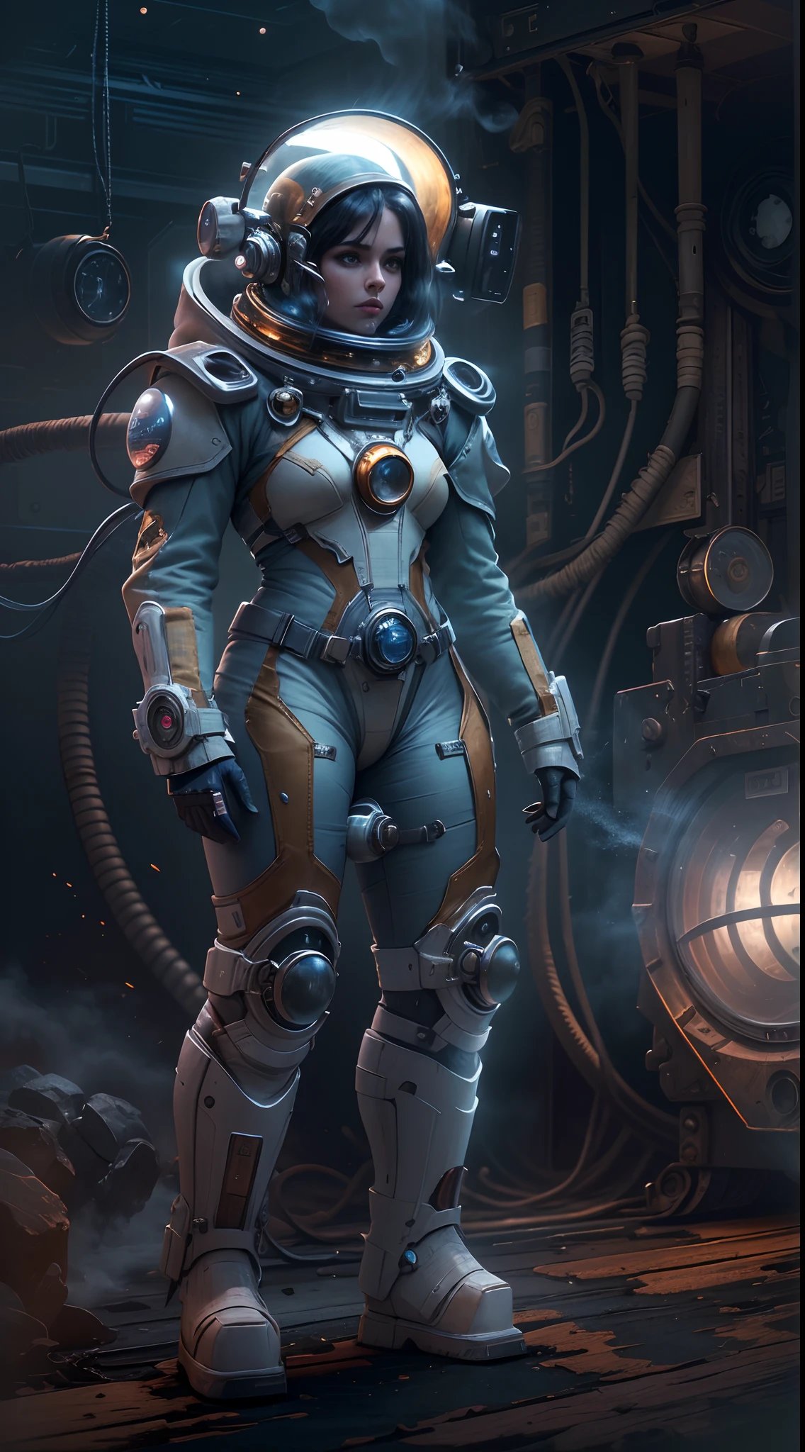(Best quality,4K,8K,A high resolution,Masterpiece:1.2),Ultra-detailed,(Realistic,Photorealistic,photo-realistic:1.37),Astronaut,Steam punk,film-noir,Otherworldly,Vivid colors,Dreamlike,Sci-fi,subtly lit,Atmospheric,view of the cosmos,Steam-powered machinery,Ethereal,hauntingly beautiful,Moody shadows,Retro-futuristic technology,Starlight fog,exploration,Adventure,Mystery,Galactic environment,exalted,Isolated heroine,Interstellar Travel,dramatic contrast,distant planets,Majestic face,ornate detail,Sci-fi fashion,Extremely detailed suit,Smoke and fog effects,contrasting textures,Timeless beauty