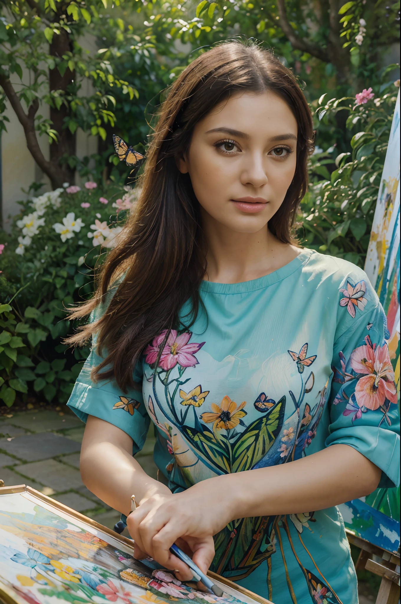 (a painting of me,beautiful garden,colorful flowers,butterflies,birds,scent of nature,tweeting of birds),(oil painting,illustration),(detailed textures,realistic details,impressive brushstrokes),(best quality,highres,masterpiece:1.2),ultra-detailed,(vivid colors,rich palette),(soft, warm light)