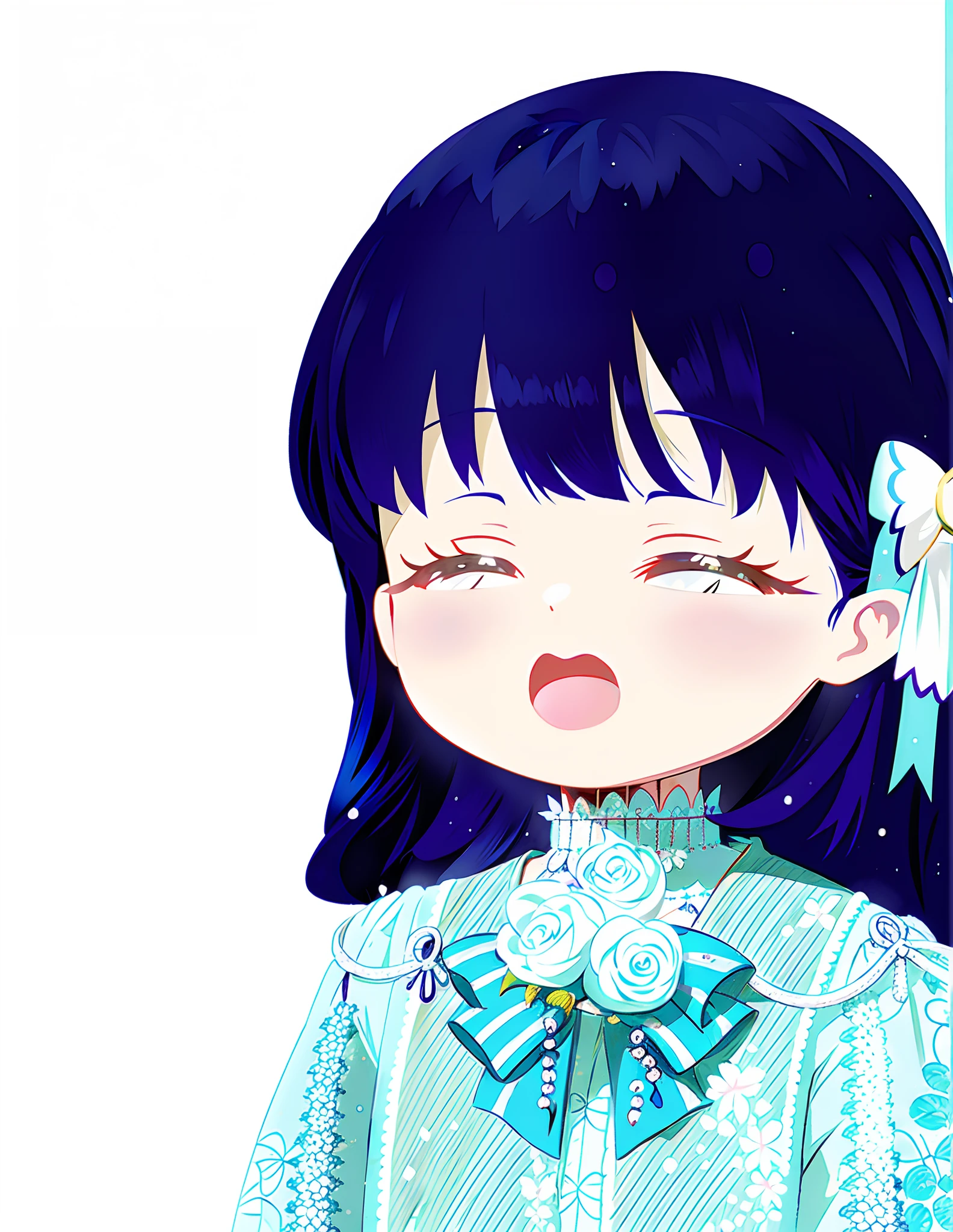 anime com cabelo preto e blusa azul com flor branca, kawaii retrato realista, Loli, tem cabelo preto com franja, No estilo de arte de Bowater, visual anime de uma menina bonnspirado em Ma Yuanyu, menina pequena Loft anime illusion, menina kawaii bonito, animartstyle, ;boca aberta