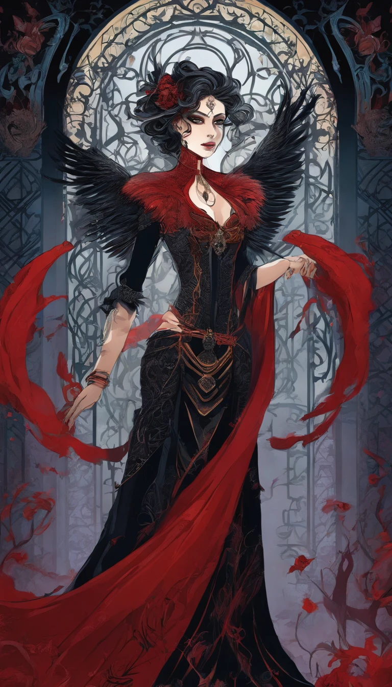 (best quality,highres,masterpiece:1.2),ultra-detailed,realistic,gothic,portrait, moody lighting,sharp focus,physically-based rendering,professional,vivid colors,wild hair,haunting eyes,powerful,foreboding,ornate jewelry,long nails,piercing gaze,feathered collar,corset,flowing gown,whispers in the dark,crow feathers,haunted atmosphere,intense expression,dark magic,aura of darkness,dangerous beauty,intimidating aura,determined stance,ominous backdrop,castle silhouette,thunderstorm,stormy night,ominous clouds,blood-red lipstick,menacing grin,clawed gloves,mysterious aura,villainous charm,commanding presence,three menacing dogs,red and black color palette,bold contrast,brooding,royal elegance,unyielding power,fierce loyalty,domination and power,queen of the night,shadowy figure.