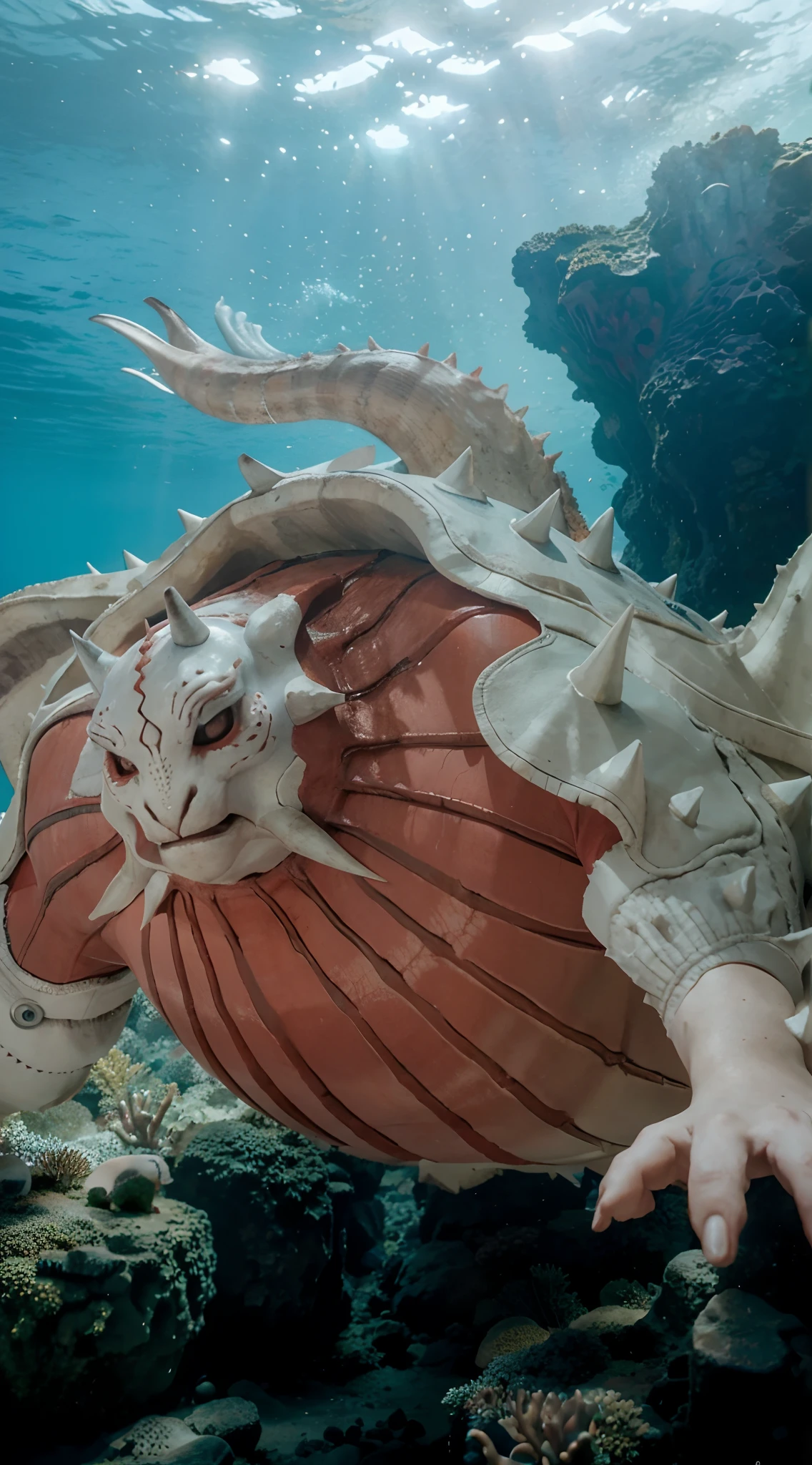 Realistic Giant monster,same horn, has 1 tail,The lower body is red with the same pattern ,its entire body is made from rock and has same spiky rock, realistic light, realistic shadow, realism, hyper realistic,(photorealistic:1.2), realistic Undersea with coral reefs background