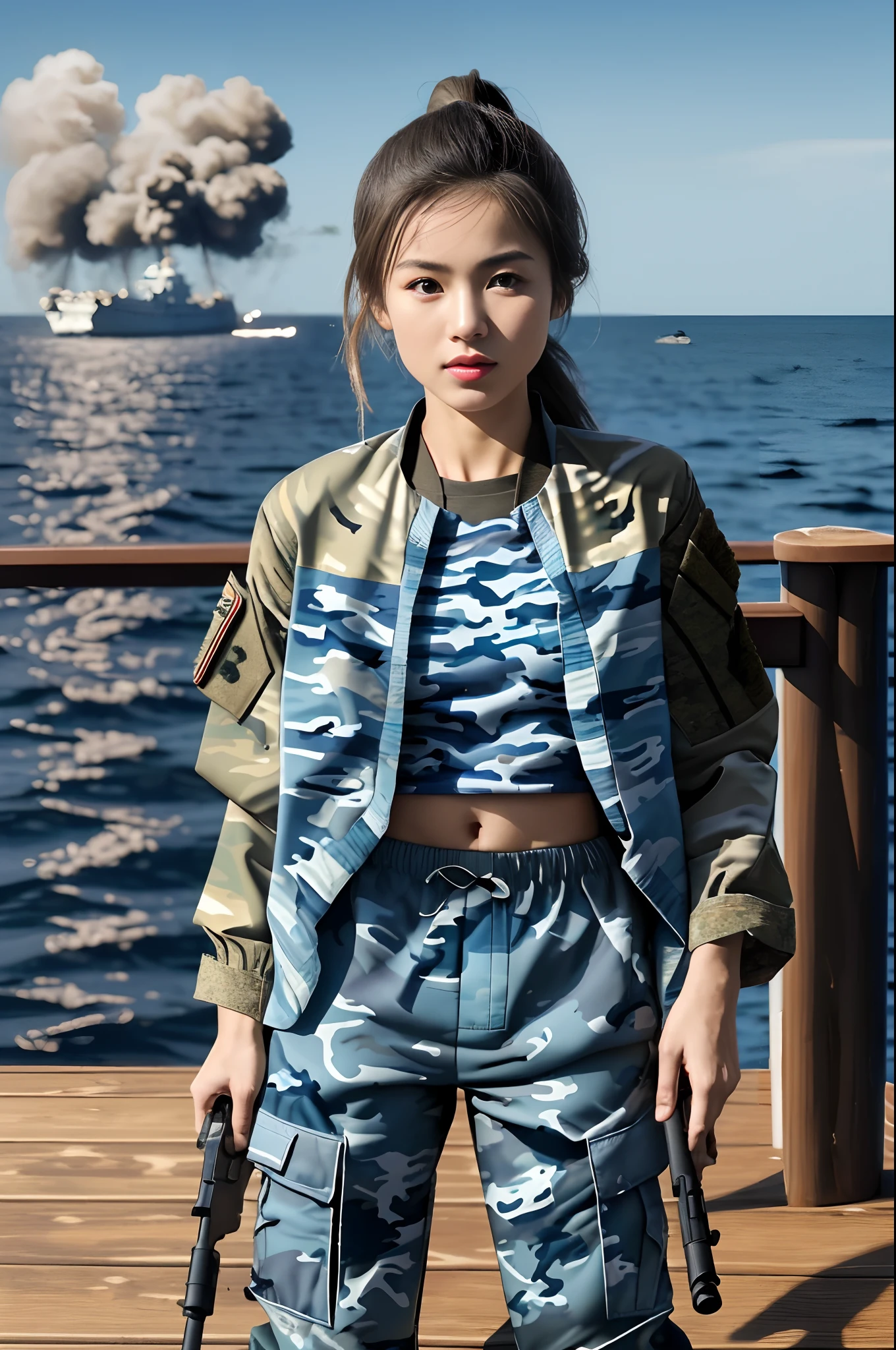 [((on ship deck,1 beautiful girl,Extremely exquisite facial details,short ponytail,(Blue camouflage jacket and pants:1.3),slim,alert,holding rifle,Aiming and shooting,from everywhere))],
masterpiece,highres, highest quality,intricate detail,best texture,realistic,8k,soft light,perfect shadow,
sea,sunny,cloudy,wind,wet, 
Age Of Wind,naval battle,conflict,bombard.firing,Smoke emitting