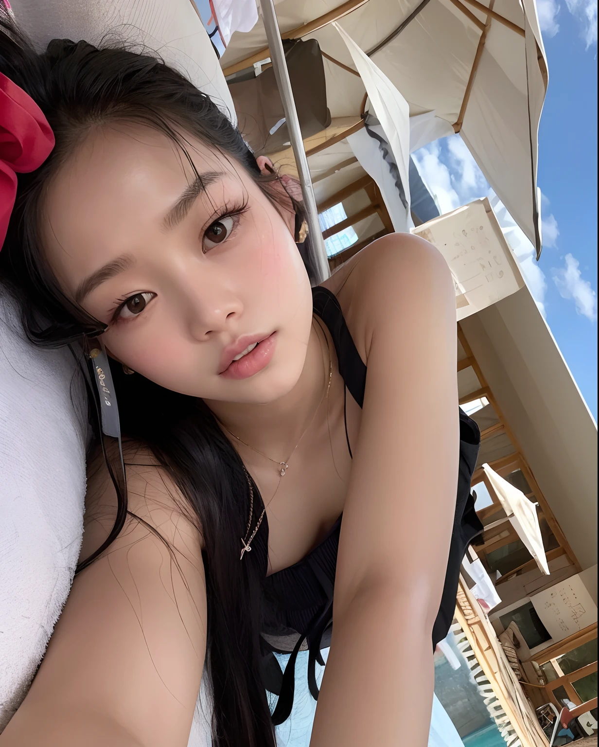 There's a woman who's lying on a beach, jennie blackpink, Xintong Chen, Wenfei Ye, gemma chen, young cute wan asian face, Lalisa Manobal, 18 anos, Parque Roseanne do Blackpink, Sha Xi, 19-year-old girl, young asian girl, jossi do blackpink, Lulu Chen
