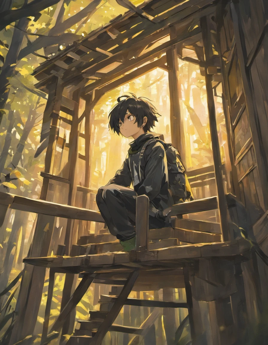 Talking crow in a tree house, com a figura de um menino rockeiro o tocando, perto de uma rede