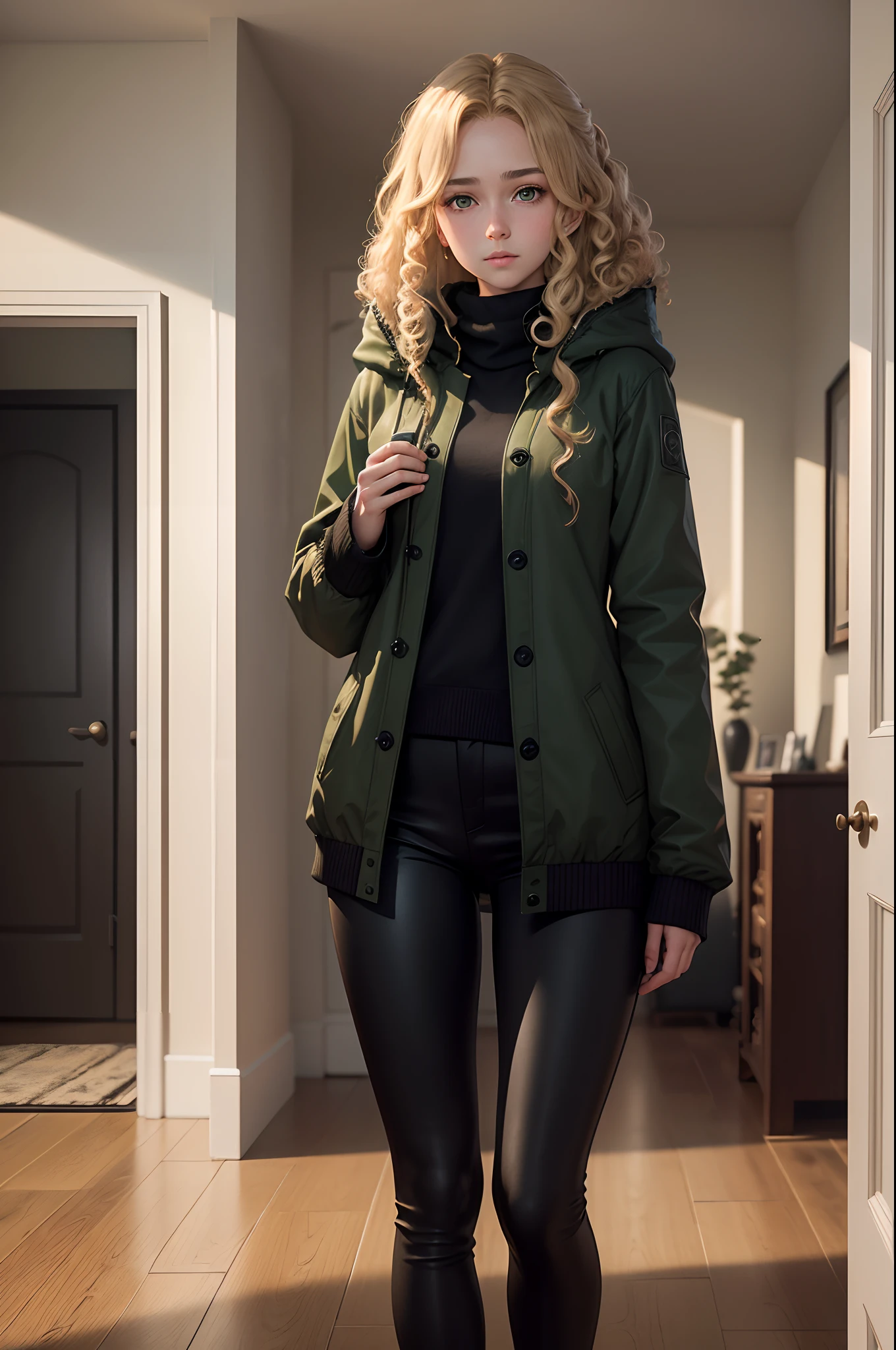 realistic, 8k image of a 15 year old girl, curly blonde hair, gorgeous, extremely detailed green eyes, dressed in a black coat and black pants, shy expression, standing in a living room of a German house, winter morning, anime style art