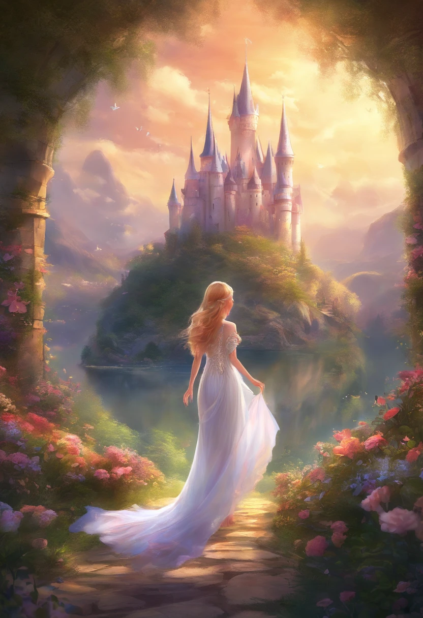 Woman in white dress standing in front of castle, in style of disney animation, very magical and dreamy, beautiful anime scene, The most beautiful scenes, Great Great Composition, in white clouds fairyland, anime barbie in white, lost in a dreamy fairy landscape, A paradise like a fairyland, Beautiful and aesthetic, anime beautiful peace scene, magical flowers