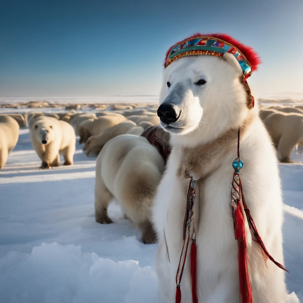 Spring Tundra, Clear sky and breeze blowing hair, Birds are flying, Old Yakut-Chukcha, Aleutian, in national clothes made of animal skins and fur with bright colored ornaments, Hood with fur folded back, The wind develops bright ribbons with national beaded patterns, Sits on a large genuine leather bag, On a huge ice floe of iceberg next to a small jukebox, Smiling. In-ear futuristic music audio headphones with glowing wires for music. The ocean in the background. There are a lot of walruses nearby, Wild Polar Bears. Masterpiece, hiquality, High Resolution, Detailed background, sun rising,