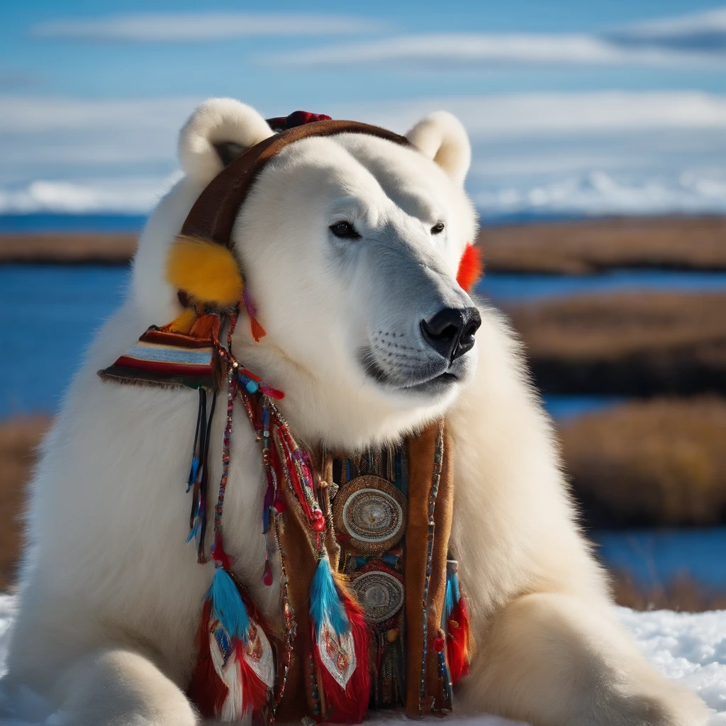 Spring Tundra, Clear sky and breeze blowing hair, Birds are flying, Old Yakut-Chukcha, Aleutian, in national clothes made of animal skins and fur with bright colored ornaments, Hood with fur folded back, The wind develops bright ribbons with national beaded patterns, Sits on a large genuine leather bag, On a huge ice floe of iceberg next to a small jukebox, Smiling. In-ear futuristic music audio headphones with glowing wires for music. The ocean in the background. There are a lot of walruses nearby, Wild Polar Bears. Masterpiece, hiquality, High Resolution, Detailed background, sun rising,