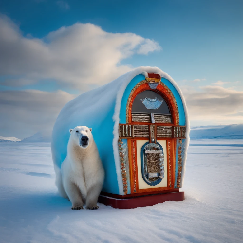 Spring Tundra, Clear sky and breeze blowing hair, Birds are flying, Old Yakut-Chukcha, Aleutian, in national clothes made of animal skins and fur with bright colored ornaments, Hood with fur folded back, The wind develops bright ribbons with national beaded patterns, Sits on a large genuine leather bag, On a huge ice floe of iceberg next to a small jukebox, Smiling. In-ear futuristic music audio headphones with glowing wires for music. The ocean in the background. There are a lot of walruses nearby, Wild Polar Bears. Masterpiece, hiquality, High Resolution, Detailed background, sun rising,