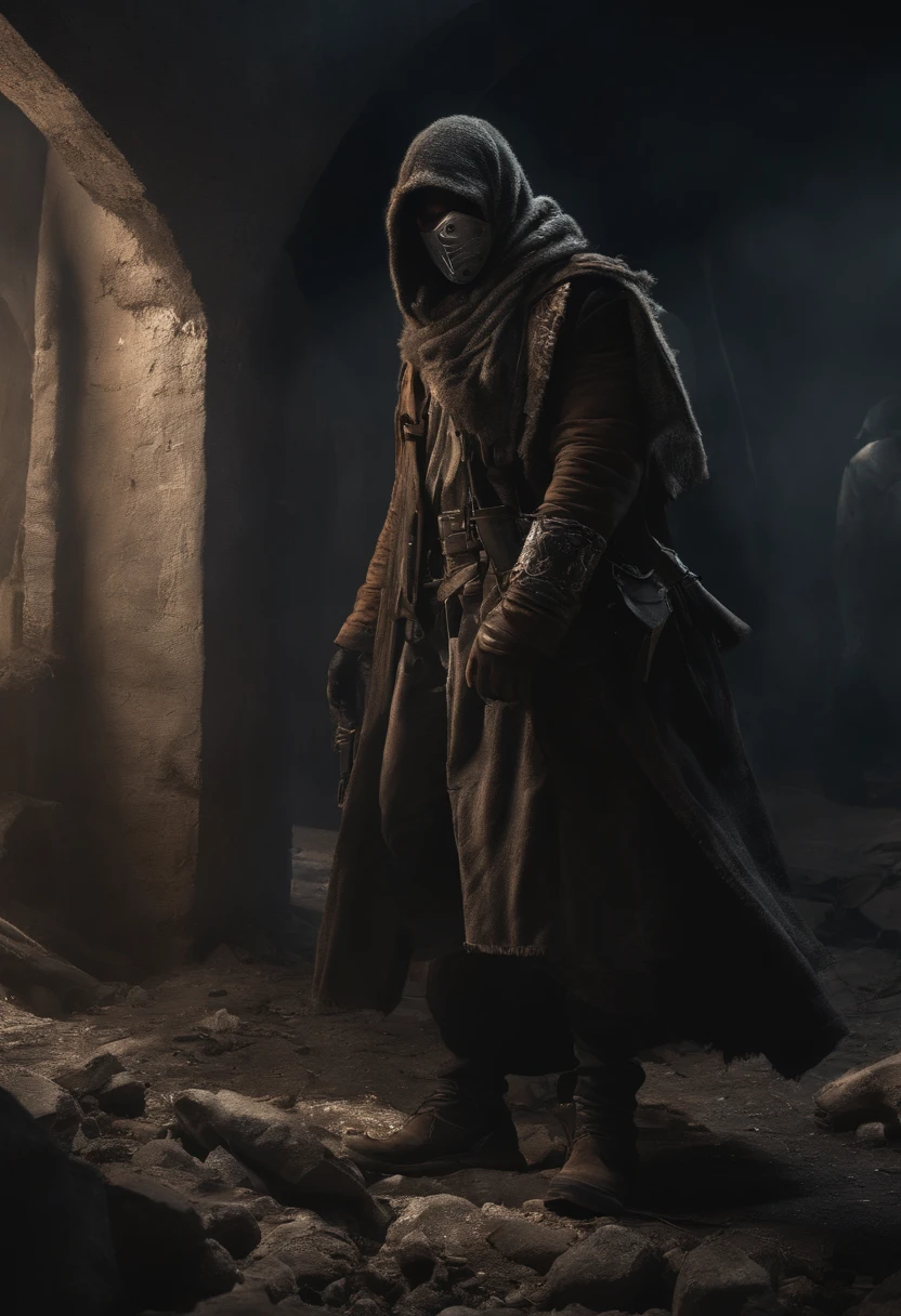 In a post-apocalyptic world plunged into darkness, A character with Arabic traits emerges, vestindo roupas desgastadas e portando um tapa-olho. He holds a mask tightly in his hand as he walks through ruins and debris. The gloomy and danger-filled environment doesn't shake your resolve. Who is this character? Why he's wearing an eye patch and holding a mask? What is your goal in this destroyed world and how does it adapt to this new reality