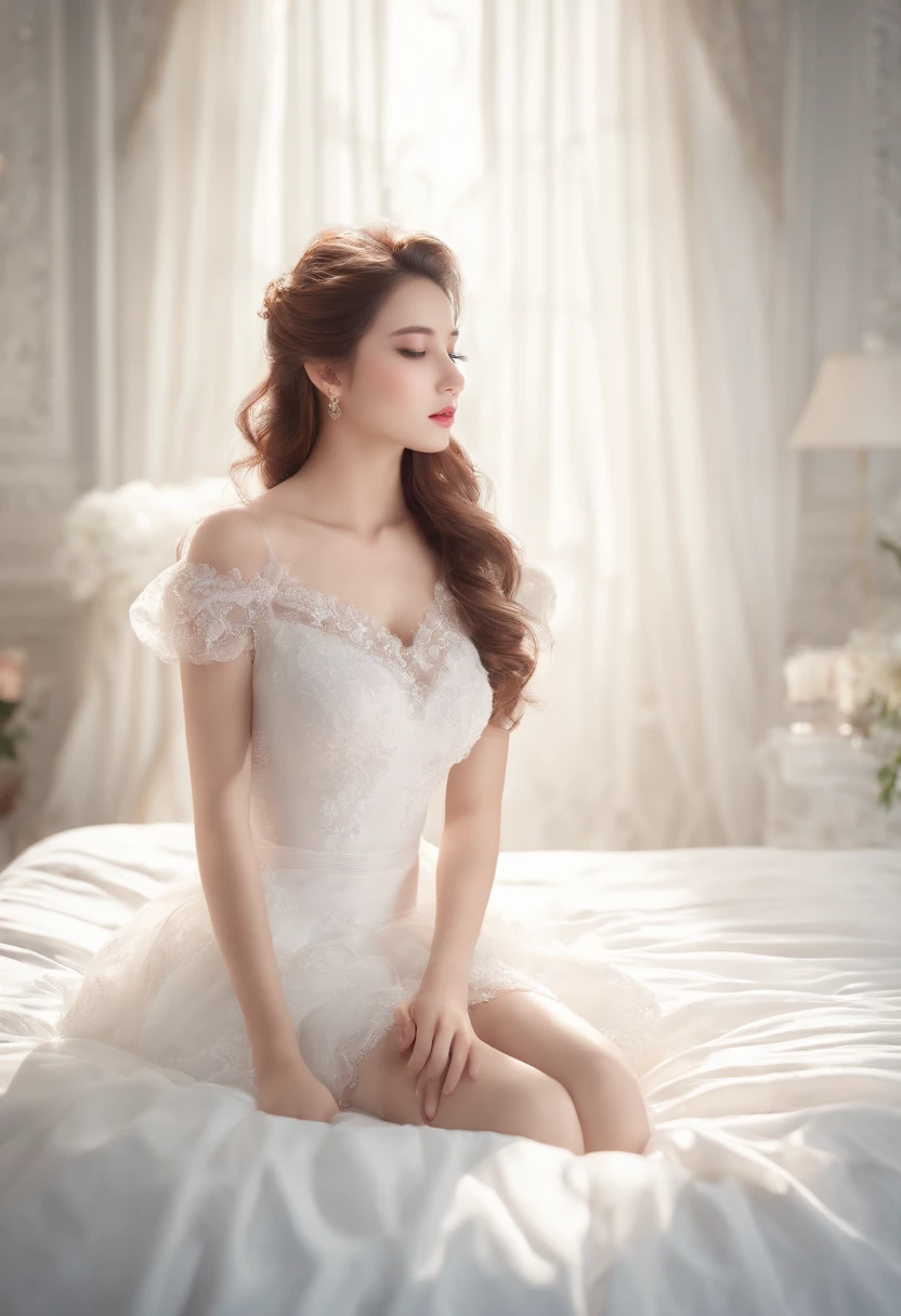 16k super fine CG wallpaper, Masterpiece, Excellent picture quality, Super delicate), (Excellent light and shadow, Delicate and beautiful), real smooth skin, Bright face, 18K close-up perfect display, , Cute, Girl in transparent outfit, Prone on a large white bed, Colorful jewel-like eyes.