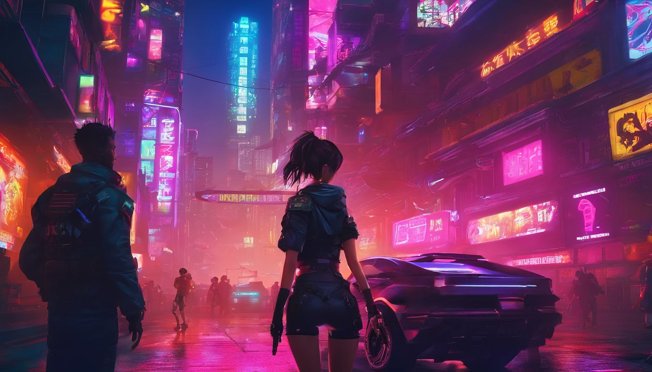 at night. sci-fi city street, neon-themed artwork with vibrant purple and blue colors, intense neon lights illuminating the entire scene, a dense layer of mist creating a dreamy atmosphere, a captivating and mesmerizing background with intricate details, a gaming-inspired theme with RGB lighting effects. (((1girl, solo, alone))), female assassin, large-breast:1.4 slim:0.8 body, medium hair, cleavage:1.1, sexy micro laced lingerie, (black sunglasses), (((((she raised a pistol:1.8 and shot the viewer))))), standing pose, ((half-body thigh:0.95 level medium shot)), cinematic lighting, lens flare, ray tracing.