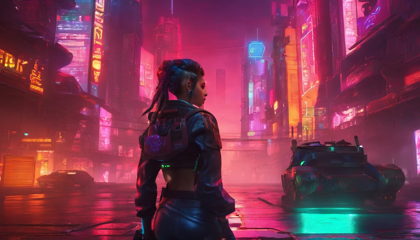 There's a cyborg woman (8k) wearing a futuristic leotard (best quality) standing in a cyberpunk city alley at night, darksynth aesthetic, red neons, beautiful woman, haze, foggy night, ultra detailed, photorealistic.