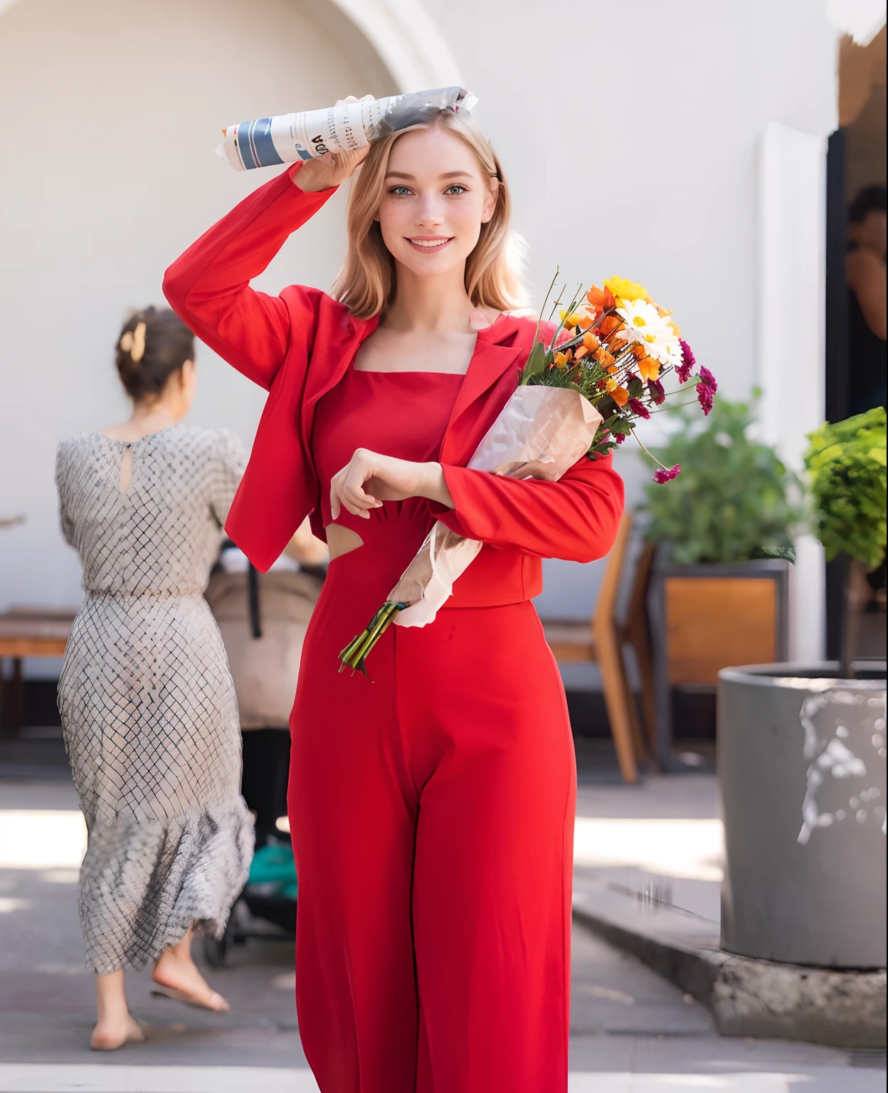 Rosto de uma mulher, americana, 25 anos, pale skin and freckles, olhos cinzas, nariz delicado, soft and delicate lips, cabelo blondie cinza longo e ondulados, sorriso meigo