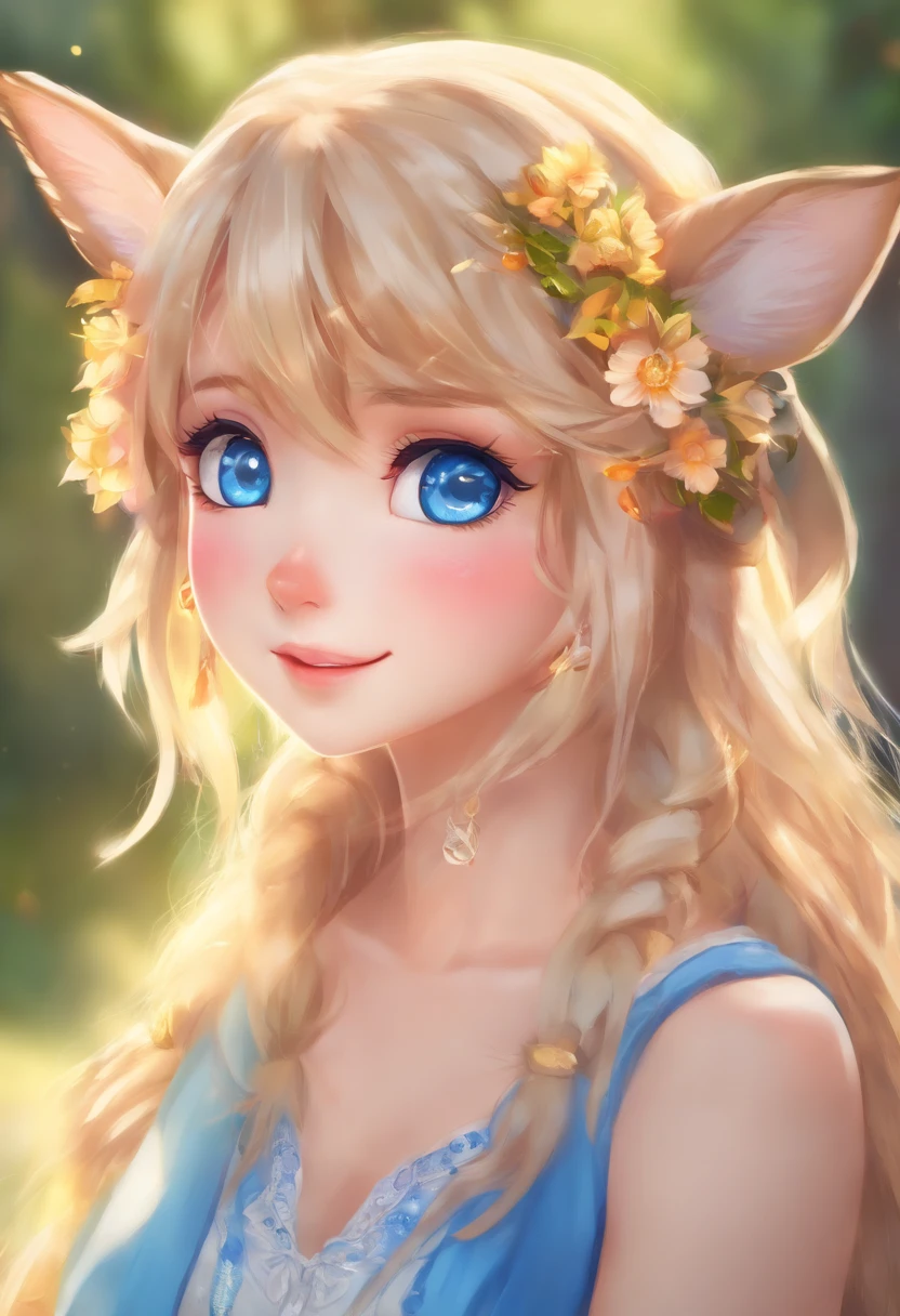 masterpiece, best quality, intricate, (photorealistic:1.5), (add_detail:1), solo cute female anthro deer fawn woman, soft fluffy textured fur, (((large round expressive blue eyes), (long wavy hair))), , medium breasts, wide hips, looking at viewer, detailed background, forest, totesfleisch8, rembrandt, spectrumshift, cinematic lighting, bokeh, sun rays, film grain, deep depth of field, volumetric lighting, soft lighting, soft shading
