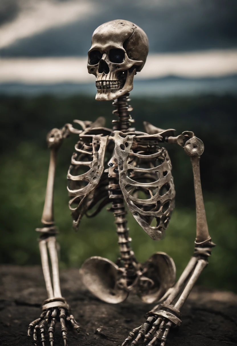 A skeleton built out of computer parts slowly walks towards camera with glowing blue eyes