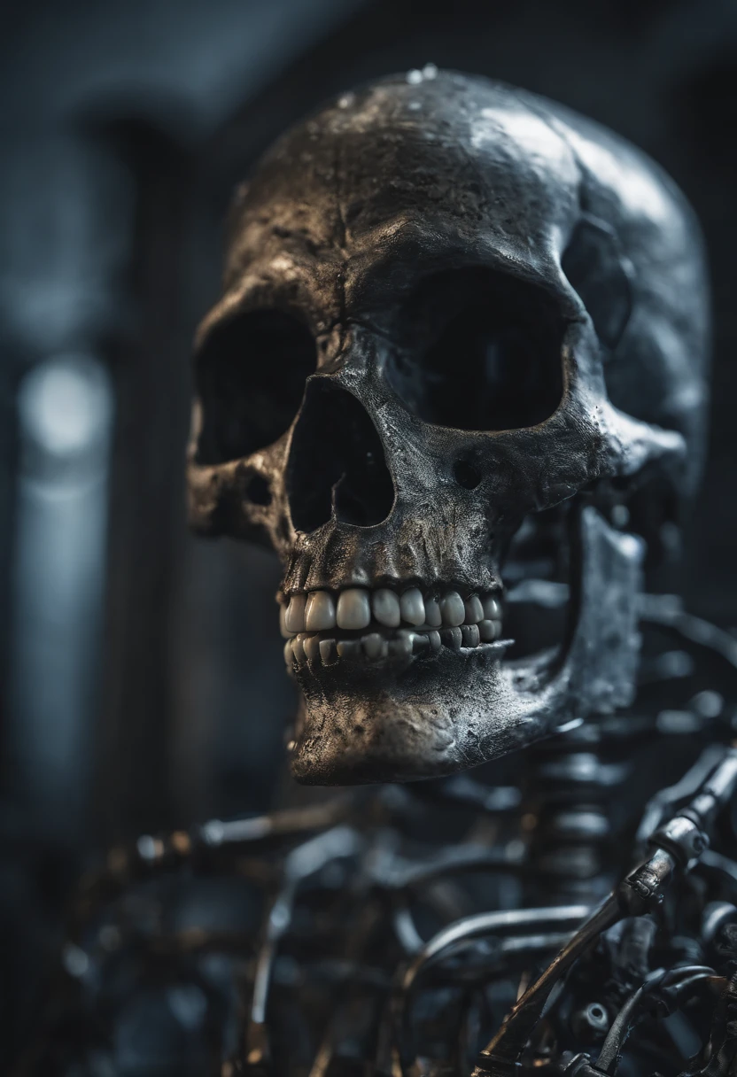 A skeleton built out of computer parts slowly walks towards camera with glowing blue eyes