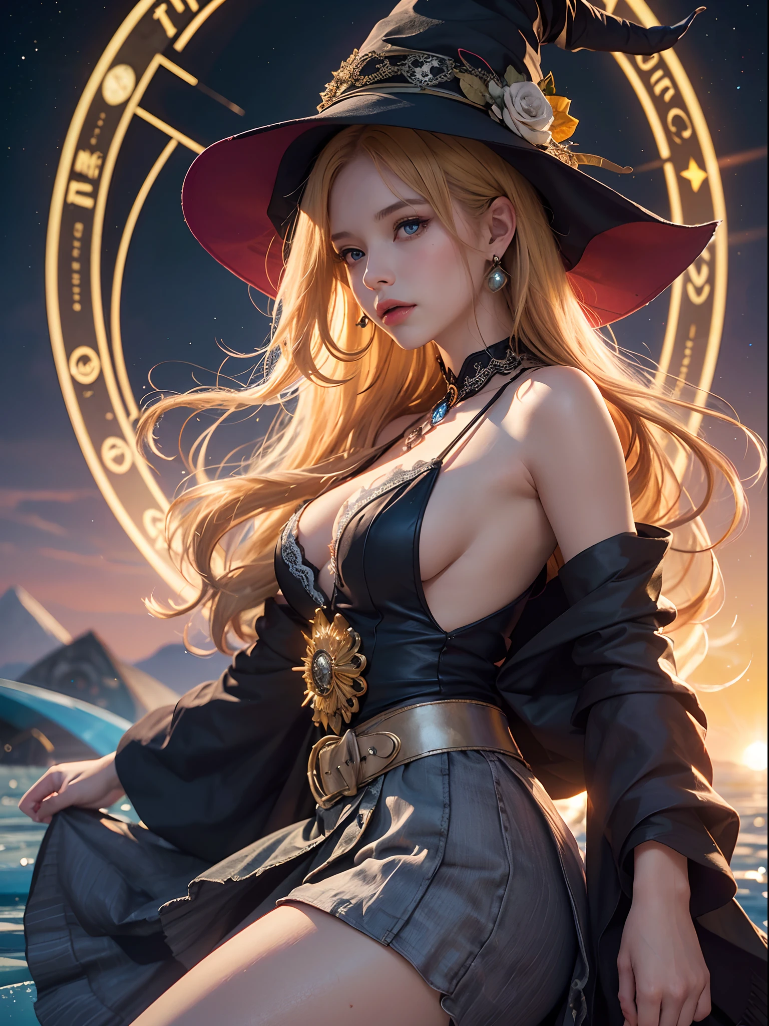 Unbeatable masterpiece, Ultra photo realsisim , Perfect artwork , Intricate details , Best quality , Strong light , High contrast , Dynamic pose , Dutch angle , (Blurry, Depth of field, blurryforeground:1.35) , (colorful:1.3), (Orderly, best composition), (from side), (1 girl:1.2), ((Dark Magician Girl:0.8)+(Kirisame Marisa:0.8)), (long yellow hair), (blue eyes), (Magic hat+Witch hat), (Lace, folds),(cute face), (cleavage), Oily skin, glowing ((Magic circle+Concentric circles+clock)<(floating(Babel Tower+Magic city+London+Constantinople))background:1.25), (Alps mountains and Yggdrasill), imagination, (fog), (melting, flowing:1.3), (lightning:1.25), (ice:1.2), (crystal:1.25), (aurora flame:1.2), (butterflies:1.2), (Red roses (galaxy, sea, vortex)), (detailed light), (an extremely delicate and beautiful), volume light, best shadow, flash, Depth of field, (Medieval), (Starlight,Sunset , Lens flare:1.25) ,