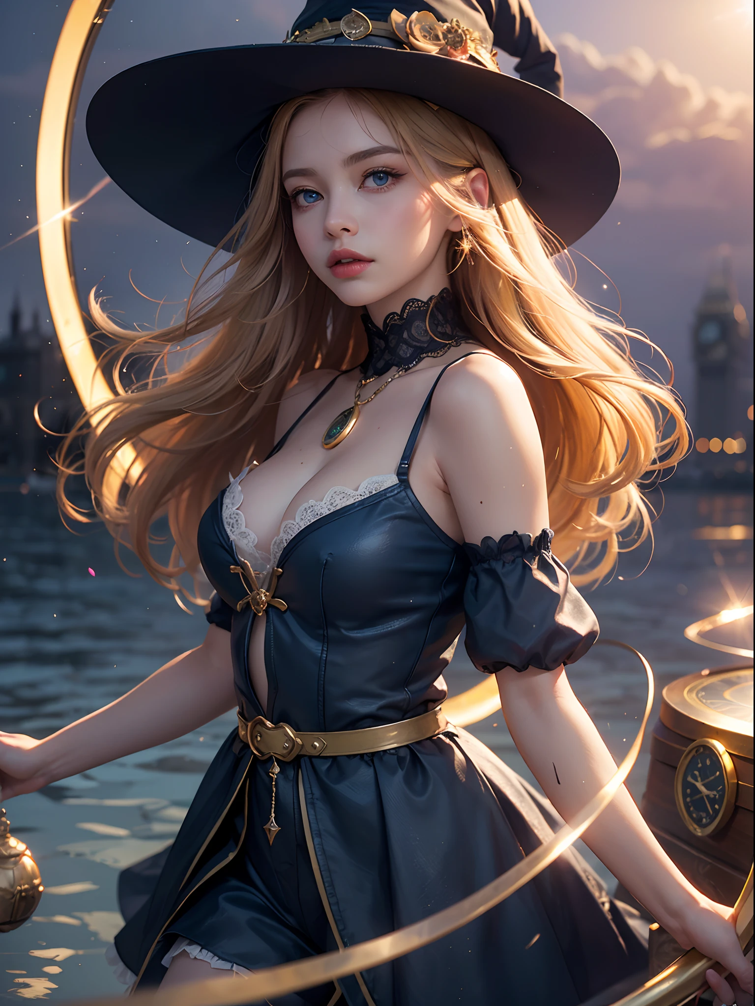 Unbeatable masterpiece, Ultra photo realsisim , Perfect artwork , Intricate details , Best quality , Strong light , High contrast , Dynamic pose , Dutch angle , (Blurry, Depth of field, blurryforeground:1.35) , (colorful:1.3), (Orderly, best composition), (from side), (1 girl:1.2), ((Dark Magician Girl:0.8)+(Kirisame Marisa:0.8)), (long yellow hair), (blue eyes), (Magic hat+Witch hat), (Lace, folds),(cute face), (cleavage), Oily skin, glowing ((Magic circle+Concentric circles+clock)<(floating(Babel Tower+Magic city+London+Constantinople))background:1.25), (Alps mountains and Yggdrasill), imagination, (fog), (melting, flowing:1.3), (lightning:1.25), (ice:1.2), (crystal:1.25), (aurora flame:1.2), (butterflies:1.2), (Red roses (galaxy, sea, vortex)), (detailed light), (an extremely delicate and beautiful), volume light, best shadow, flash, Depth of field, (Medieval), (Starlight,Sunset , Lens flare:1.25) ,