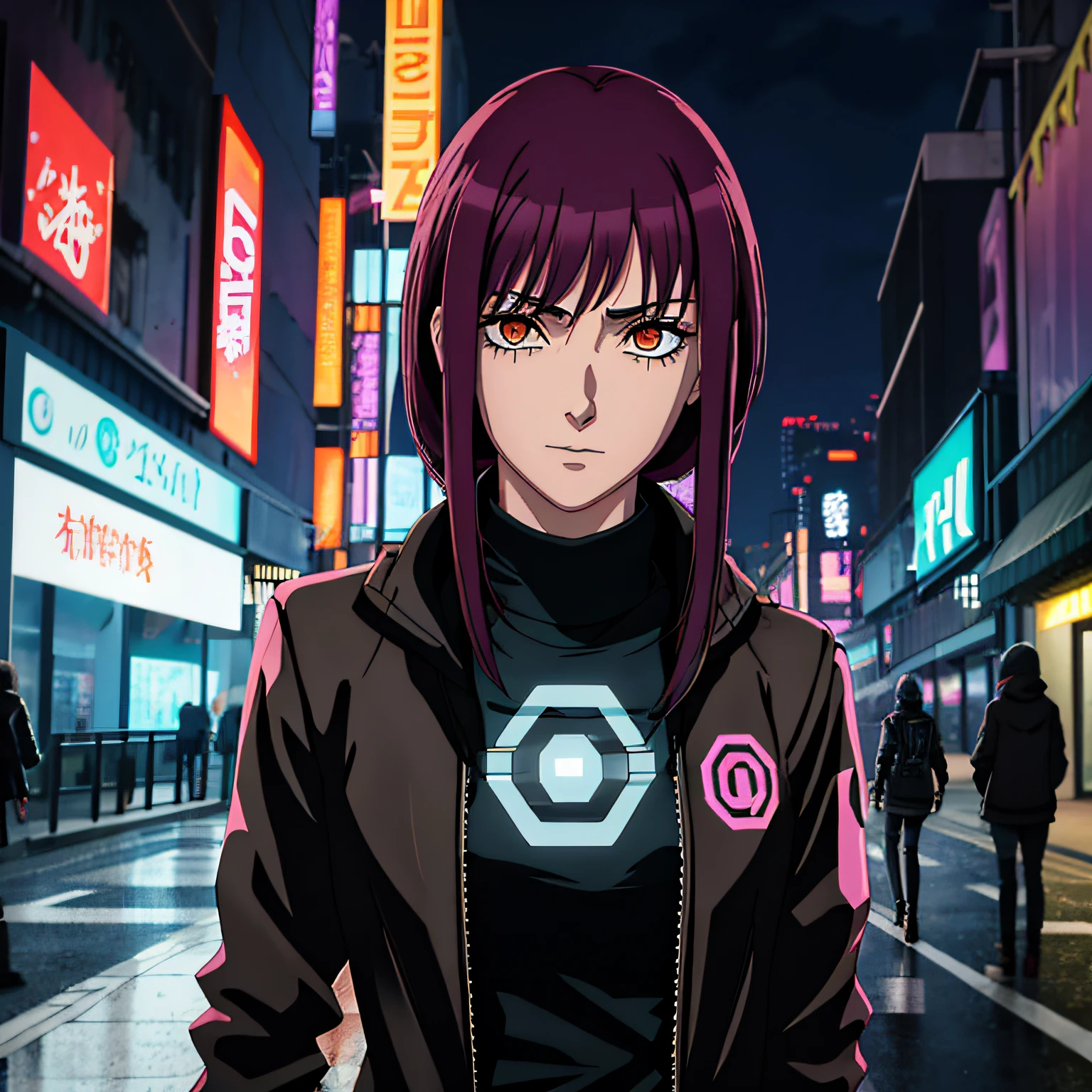 melhor qualidade, obra-prima, cinemactic, realista, Cyberpunk, cidade cyberpunk, Neon light, volumeric lighting, black sky, (chovendo, trovoada), ""identical character Hinata from the boruto anime"" rosto pefeito detalhes no olhar e no rosto em alta qualidade tudo bem detalhado (roupas cyberpunk, moletom, Slacks, roupas punk), water reflecting off the ground, ((rosto oculto)), Close-up, (roupas rasgadas), bunda de bolha,