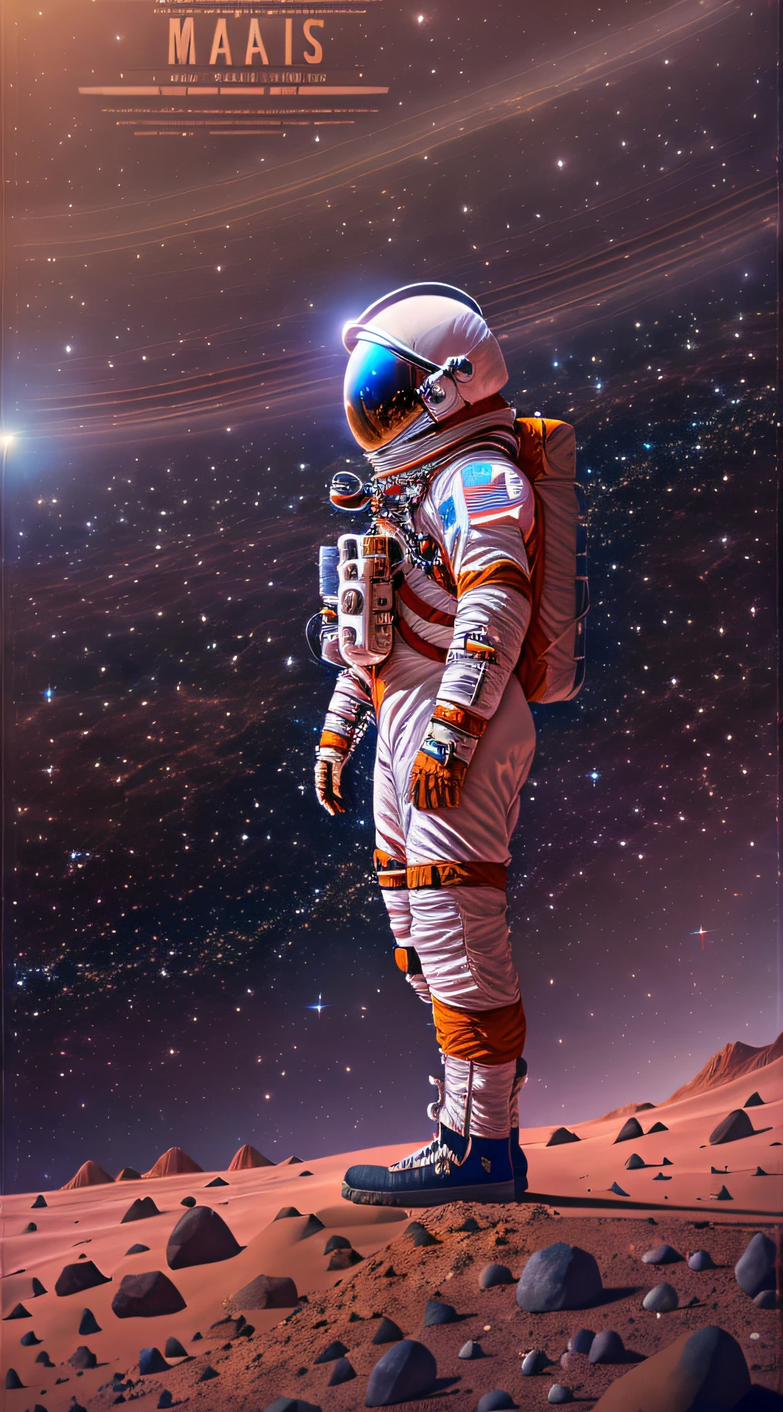 Vast panorama.An astronaut walks on Mars,Wearing a spacesuit,Astronaut helmet,Martian rocks,Twinkling stars in the distant sky,(Best quality,4K,8K,A high resolution,Masterpiece:1.2),Ultra-detailed,(Realistic,Photorealistic,photo-realistic:1.37),