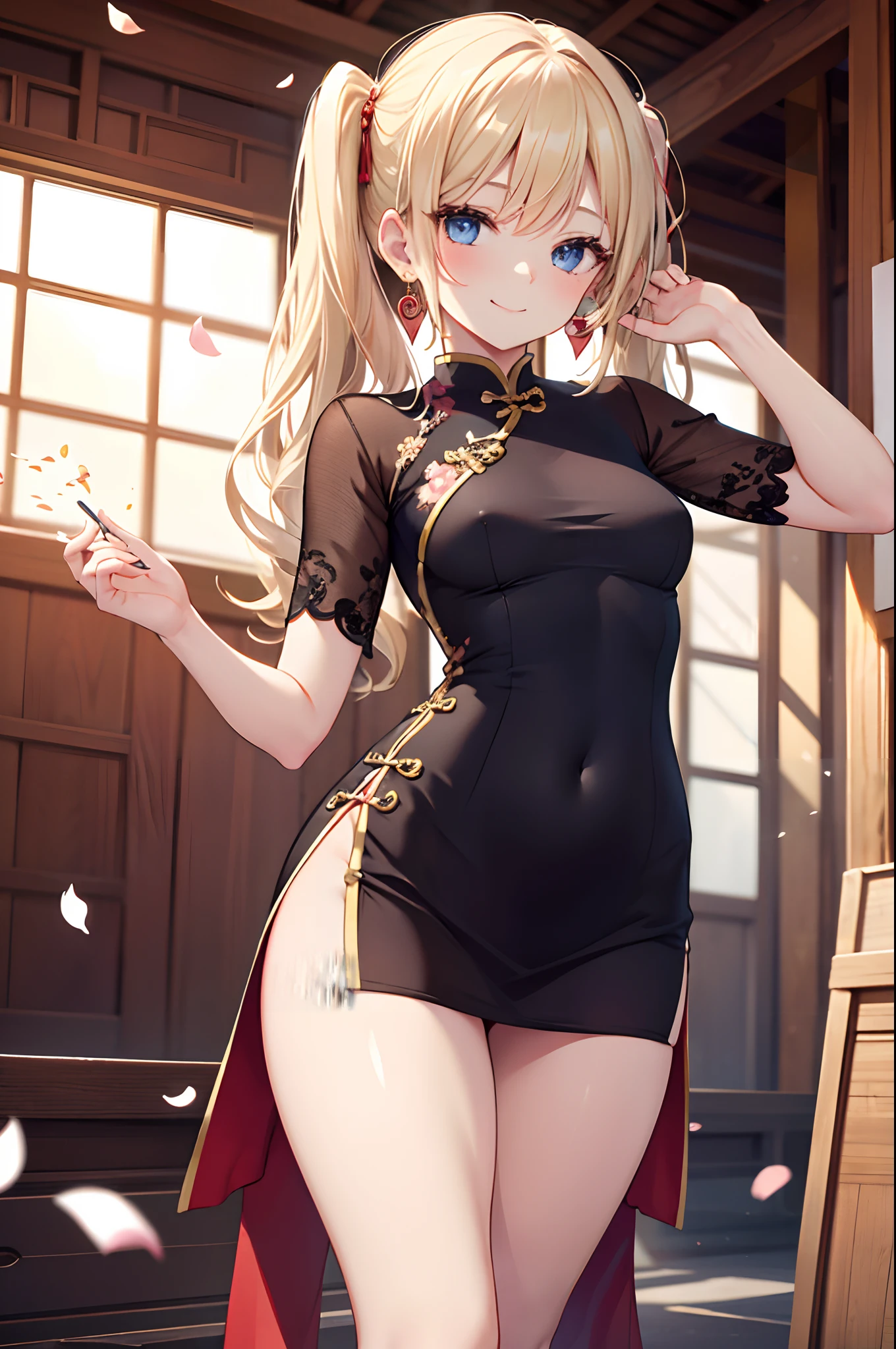 Realistic and detailed image of a girl in a Chinese dress with mini skirt. She has long wavy blonde hair in pigtails. Blue eyes. She has earrings, long eyelashes. she has small breasts, slim waist, very wide hips and thick thighs. smiling, pleased face. With one leg raised, back arched. She is in a Buddhist temple with flower petals falling around her.