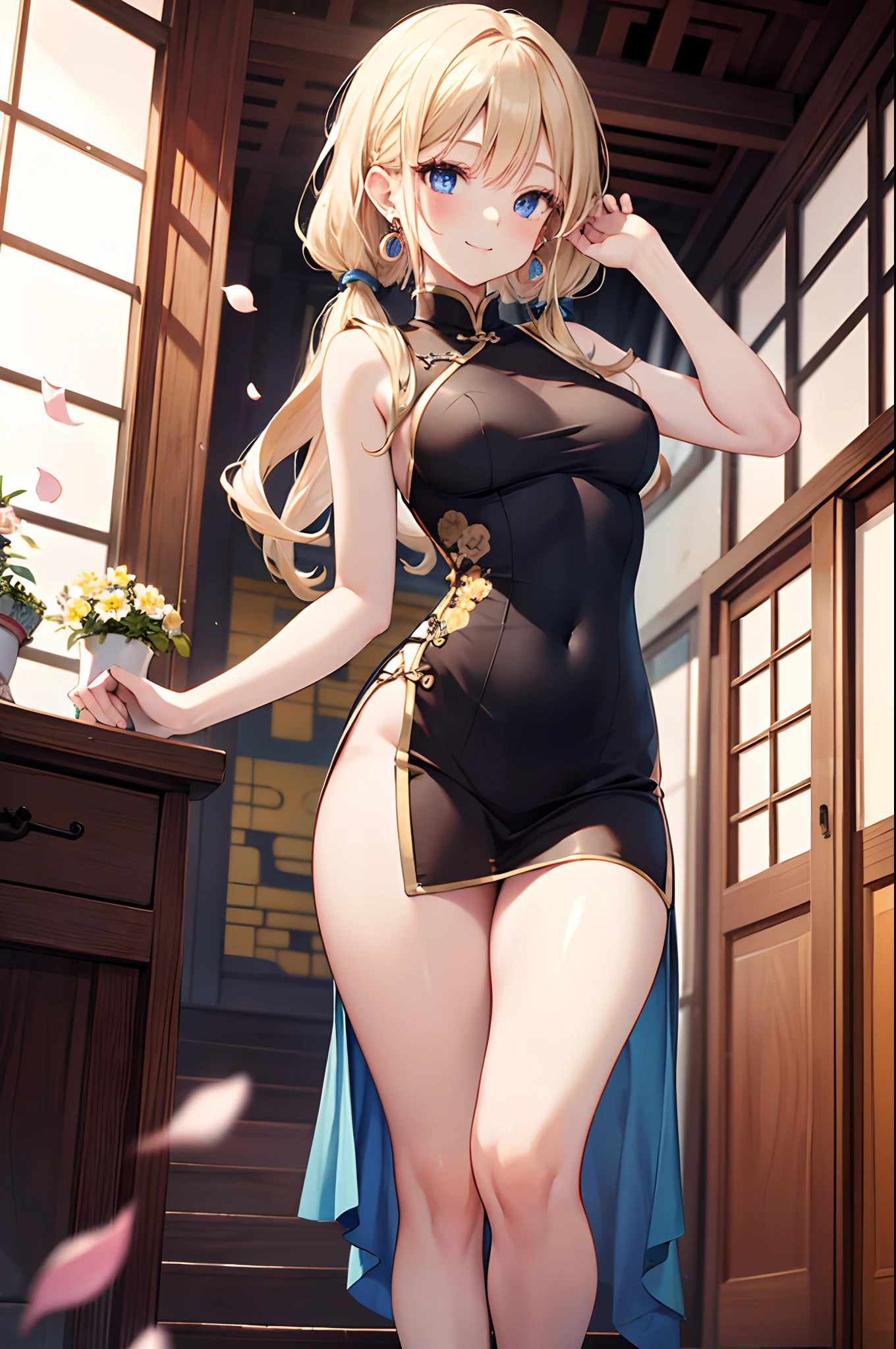 Realistic and detailed image of a girl in a Chinese dress with mini skirt. She has long wavy blonde hair in pigtails. Blue eyes. She has earrings, long eyelashes. she has small breasts, slim waist, very wide hips and thick thighs. smiling, pleased face. With one leg raised, back arched. She is in a Buddhist temple with flower petals falling around her.