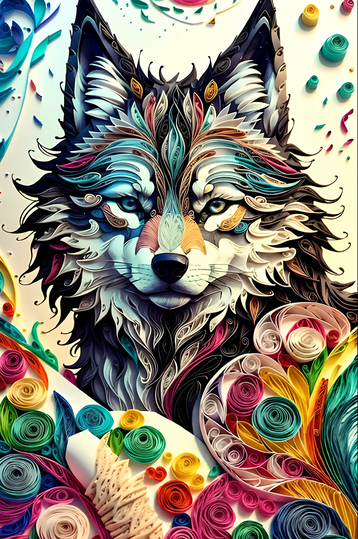 wolf, multi dimensional quilling paper, art, chibi,
yang08k, beautiful, colorful,
masterpieces, top quality, best quality, official art, beautiful and aesthetic, clean unique, and with a cat,