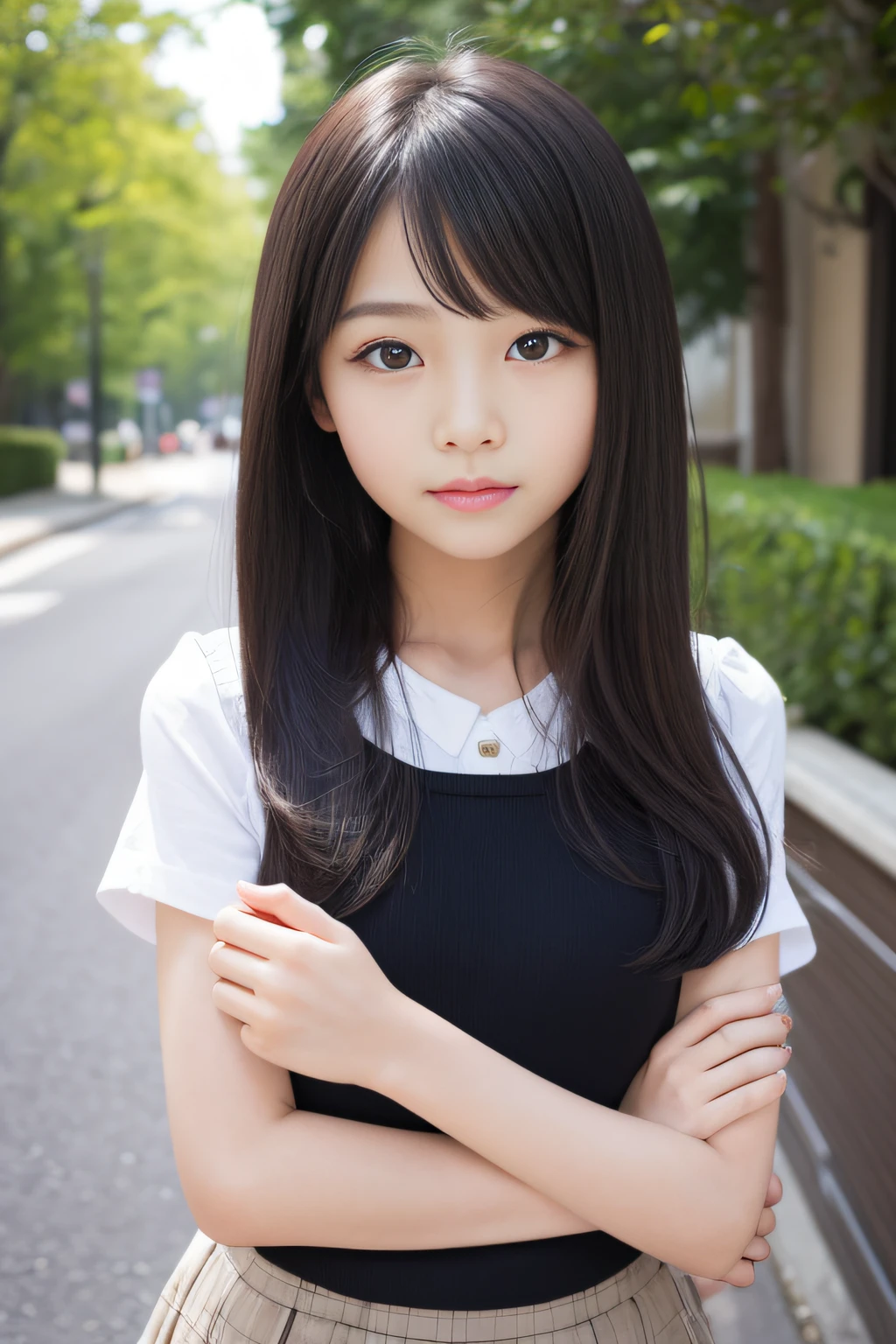 (masterpiece,top-quality,超A high resolution),A Japanese Lady, (((Very beautiful girl))), Kawaii Girl、View photographer、Front view, ((Bob Hair)), hyper cute face, Glossy lips, Double eyelids in both eyes, Natural makeup, long eyelashes, shiny and smooth hair, central image, Perfect limbs, Perfect Anatomy,(everyday clothes、skirt by the)