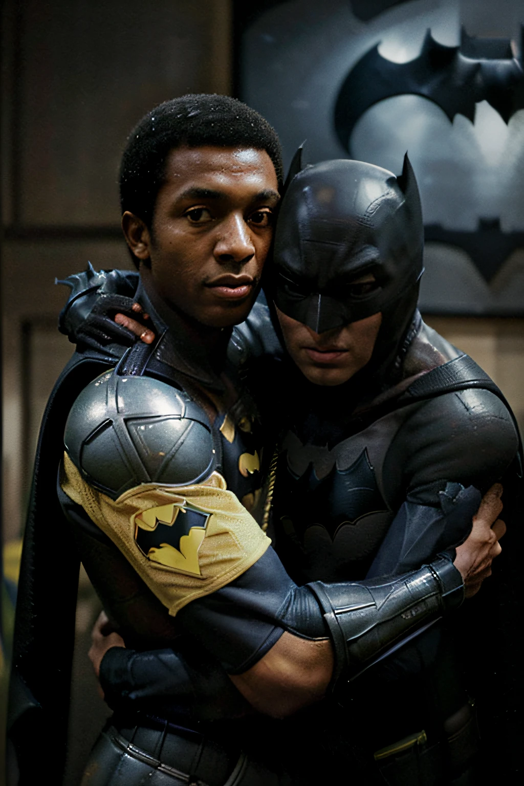 ((Pelé or Edson Arantes do Nascimento)) ((with the Brazil shirt)) (((hugging BATMAN)))((with your armor)) in a (futuristic setting), two people