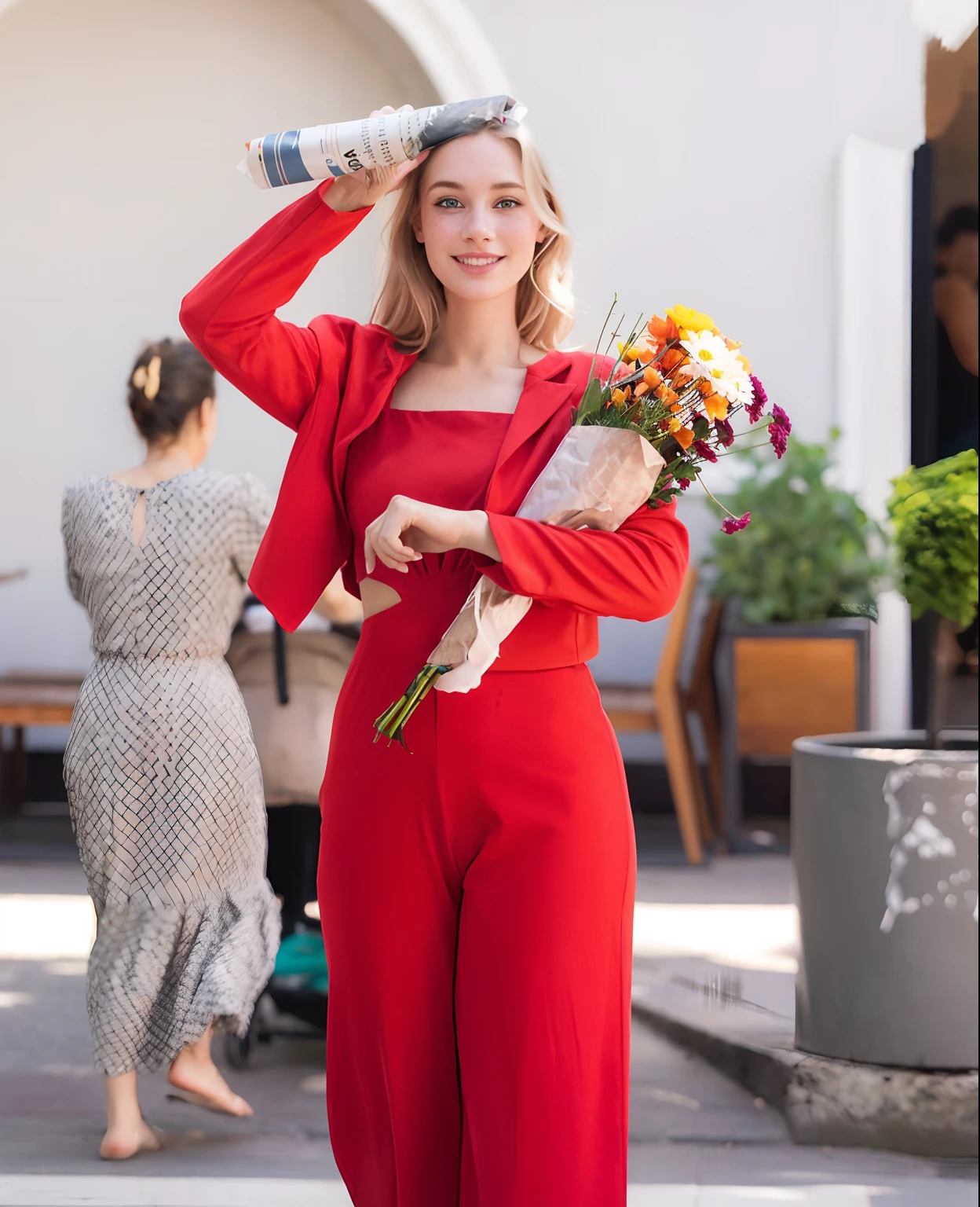Rosto de uma mulher, americana, 25 anos, pale skin and freckles, olhos cinzas, nariz delicado, soft and delicate lips, cabelo blondie cinza longo e ondulados, sorriso meigo