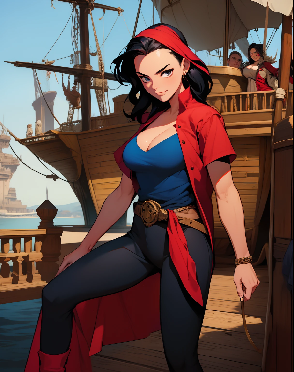 (SFW)Illustration inspired by the master John Buscema,1mulher pirata de longos cabelos negros, olhos azuis selvagens, wearing a red bandana on her head, Shirt – plaid showing off your cleavage, Skinny trousers held up by a fancy belt, Putting on buccaneer boots, middlebreasts, sensual, linda ao mesmo tempo, selvagem, Smiling arrogantly on the deck of a pirate ship holding a sharp dagger, Scene showing full body and detailed scenery(SFW)