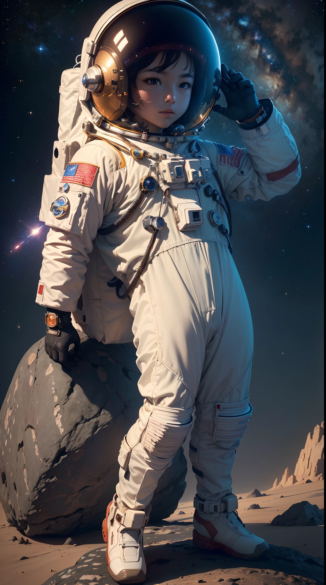 Masterpiece, Best quality, Masterpiece, Godlike quality, Godlike art, Highly realistic,((An astronaut on a Martian rock)),Wearing a spacesuit,Astronaut helmet。((Twinkling stars in the distant sky)),((Vast panorama)).((Masterpiece)), ((Best quality)), ((A high resolution)), ((Extremely detailed Cg Unity 8K wallpaper)),