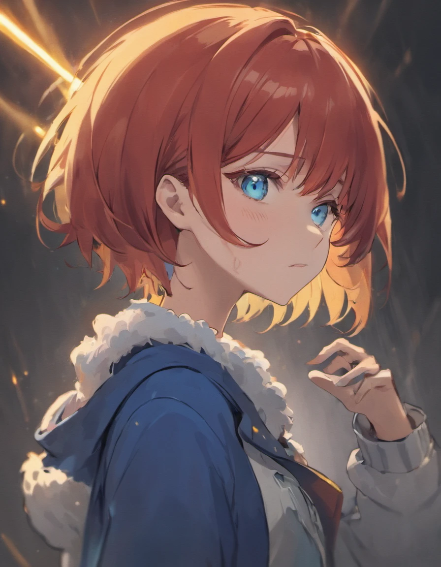 red hair, short hair, fluffy hair, androgynous, blue eyes, light blue eyes, scar on face, large scar on face, scar taking up left side of face, burn mark on face, large burn scar on face, burn scar taking up left side of face, wearing a suit, one person