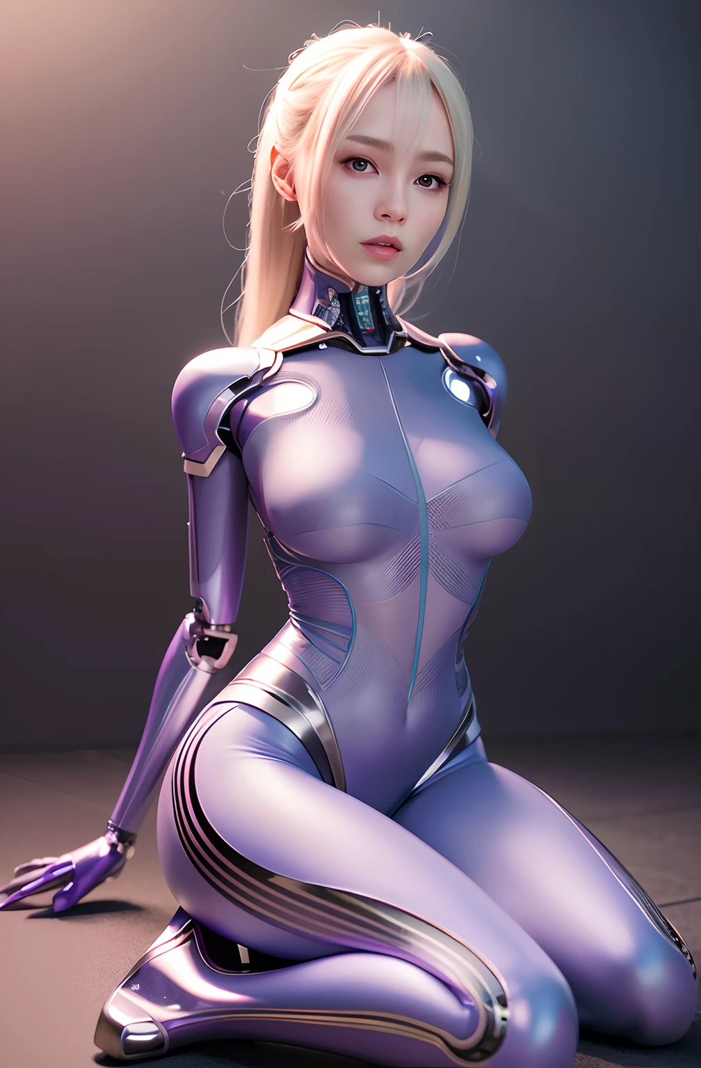 complex 3d render ultra detailed of a beautiful porcelain profile woman android face, cyborgs, roboticparts, 150mm, beautiful studio soft light, Rim Light, vibrant detail, luxuriouscyberpunk, Lace, hyper realisitic, Anatomical, face muscles, cable electric wires, microchips, Elegant, Beautiful background, Octane Render, h. r. Giger style, 8K, Best Quality, masutepiece, Illustration, extremely delicate and beautiful, Extremely detailed ,nffsw ,Unity ,Wallpaper, (Realistic, Photorealsitic:1.37),amazing, finely detail, masutepiece,Best Quality,Official art, Highly detailed ticker Unity 8k wallpaper, absurderes, unbelievable Ridiculous,  机器人, Silver Halmet, Full body, Sitting、slenderbody、Purple body、Standing