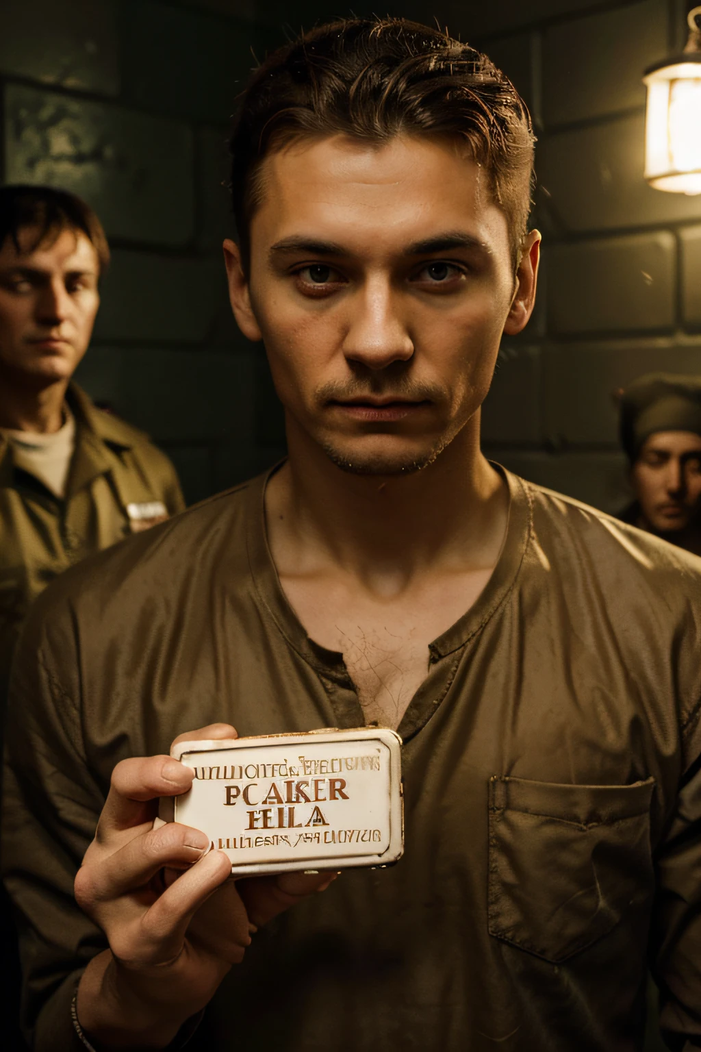 A photo of Vladimir, a prisoner, holding a small box with cookies, butter and sugar, while the other prisoners look on hungrily.