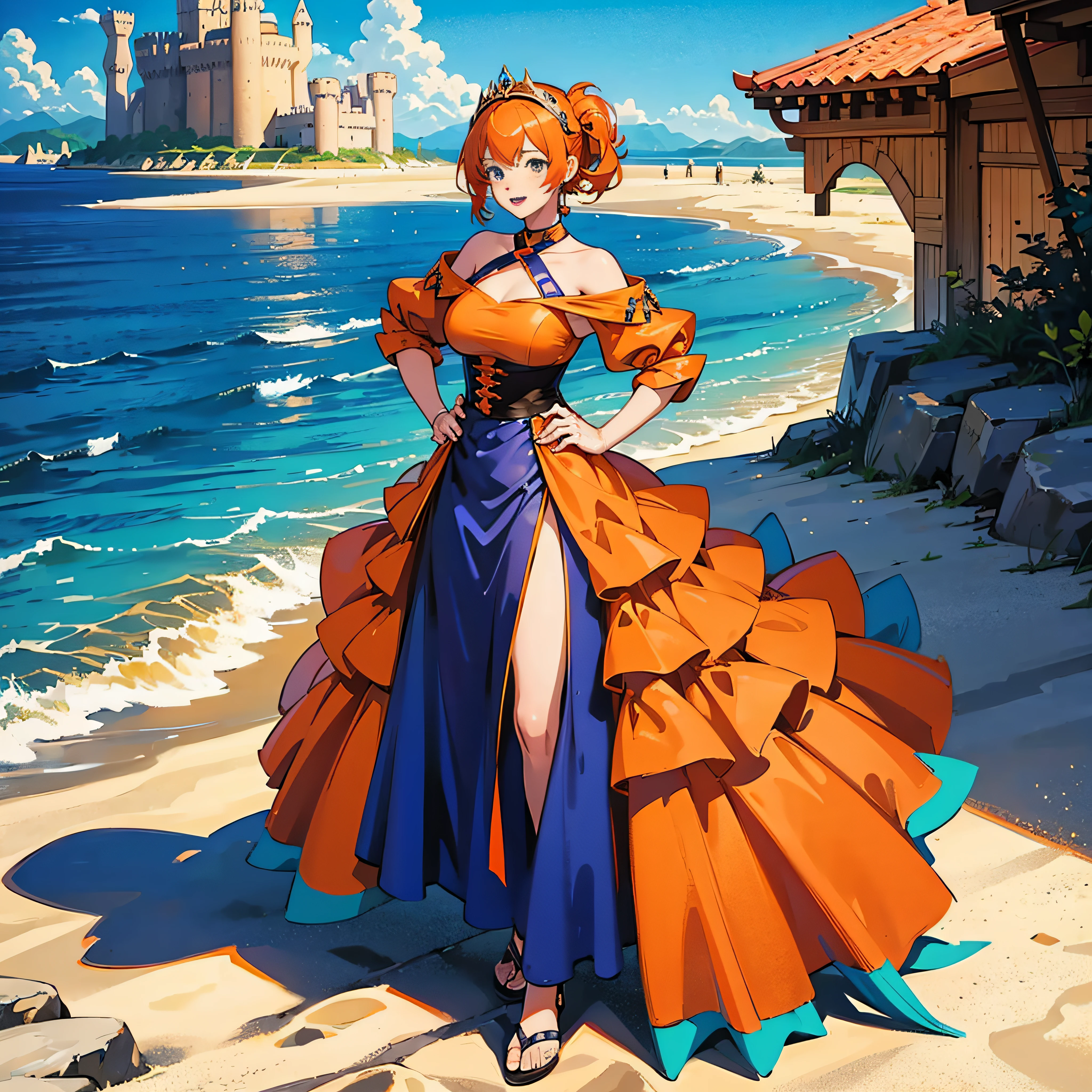 masutepiece, Best Quality, Solo, 1girl in, Orange hair, Blue hair, :D, Orange dress, Looking at Viewer, Outdoors, Sand, sand dunes, Huge castle, diadems, Standing, Full body, Cowboy Shot, Hands on hips, --auto