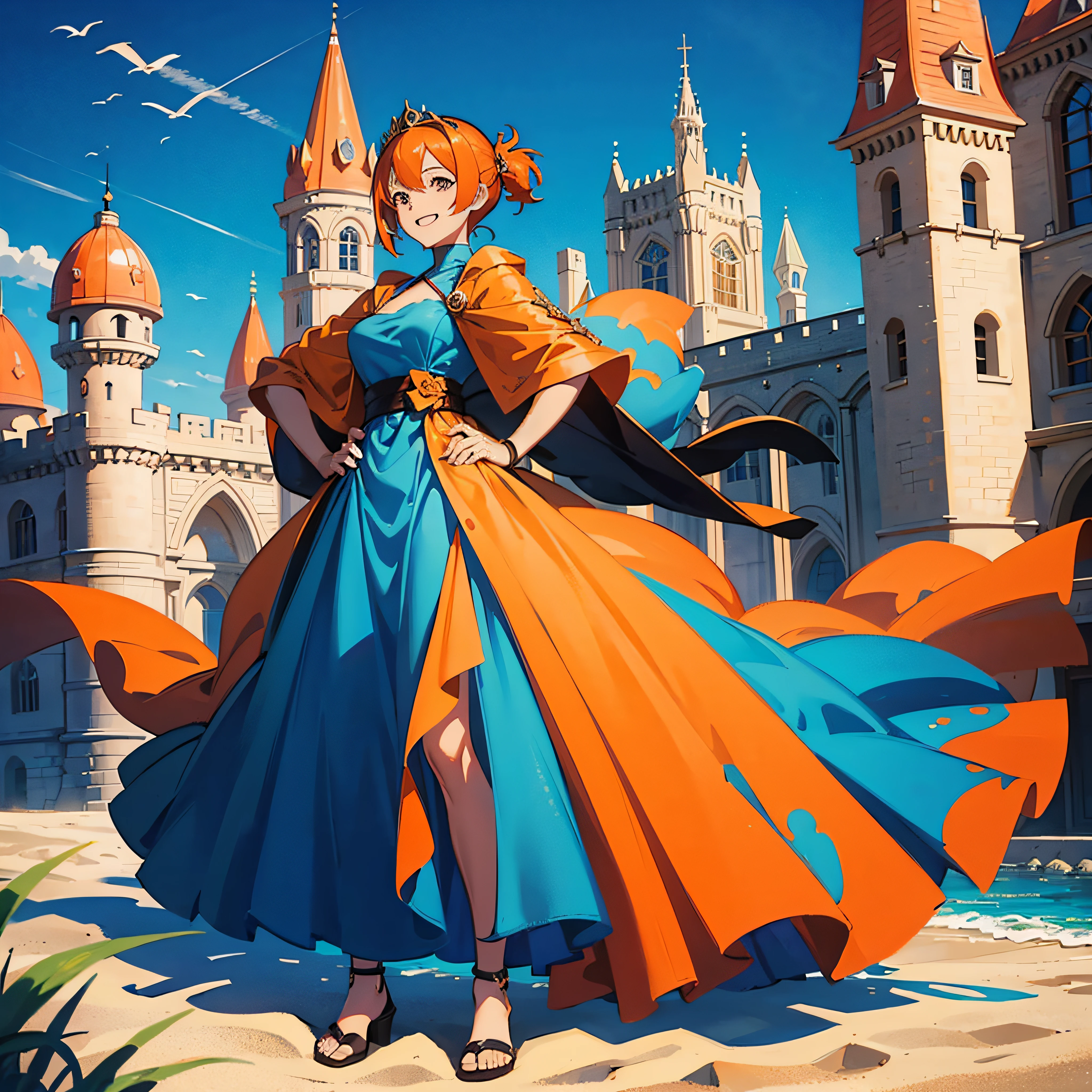 masutepiece, Best Quality, Solo, 1girl in, Orange hair, Blue hair, :D, Orange dress, Looking at Viewer, Outdoors, Sand, sand dunes, Huge castle, diadems, Standing, Full body, Cowboy Shot, Hands on hips, --auto