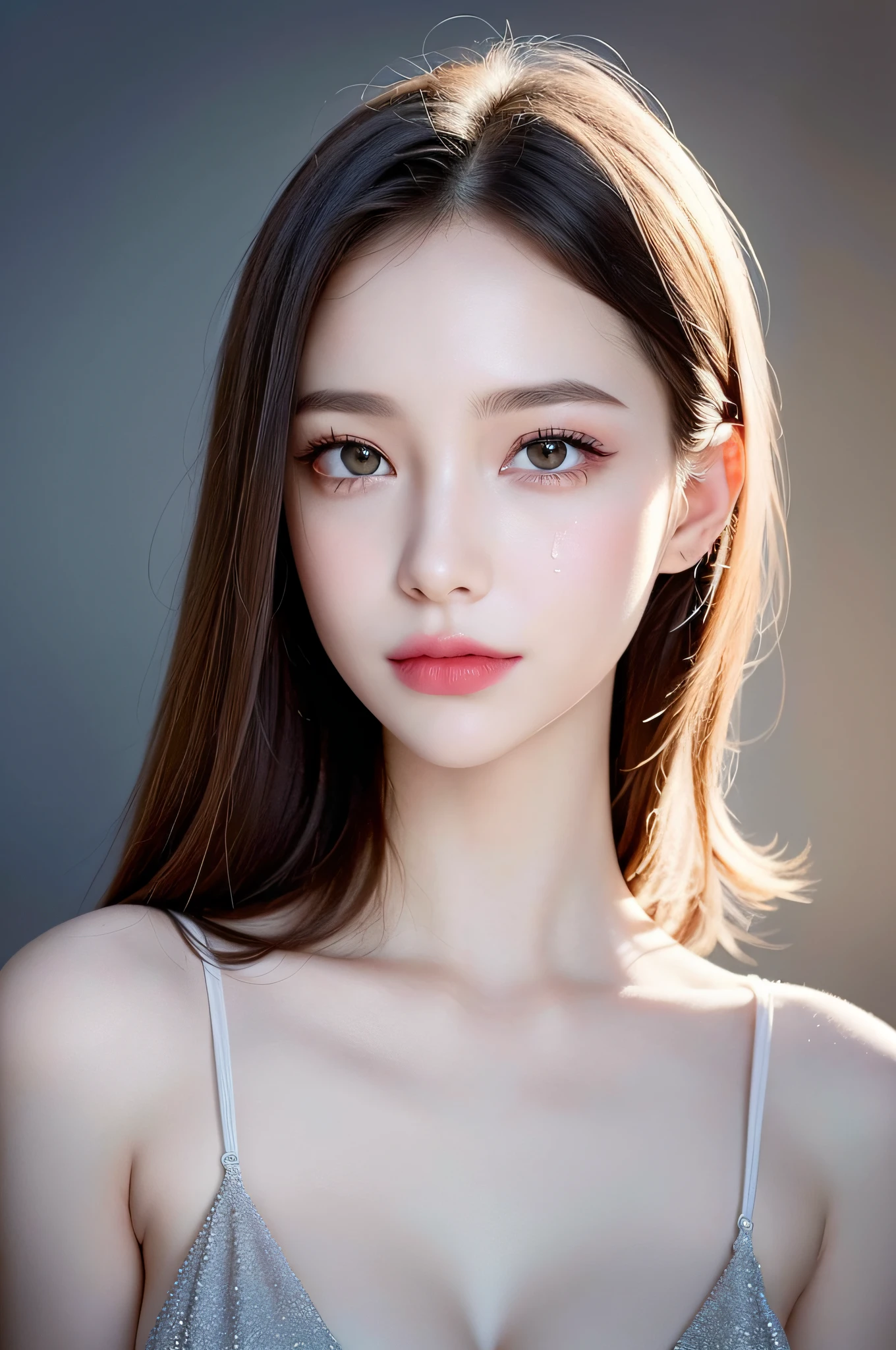 (Photo of a 18 y.o girl, beautiful vintage color, instagram (photorealistic, high resolution:1.4)), ((Puffy Eyes, Tearful, Super Detail Eyes)), looking at viewer, full body (8k, RAW photo, best quality, masterpiece:1.2), ((realistic, photo-realistic:1.37)), (((sharp focus:1.2))), professional lighting, photon mapping, radiosity, physically-based rendering, (pale skin:1.2), (Large breasts, Thin Body, Thin Waist:1.2), looking at viewer, (middle hair:1.5), portrait, purple eyes, ((sliver hair:1.1), bangs), (simple background:1.4), solo, upper body, realistic, (masterpiece:1.4), (best quality:1.4), (shiny skin), fashion girl, makeup, smile(skinny, closed mouth,shy:1.3), (sheer sun dresses:1.5513), (standing:1.1), medium bust, sexy pose, {NSFW:1.2},