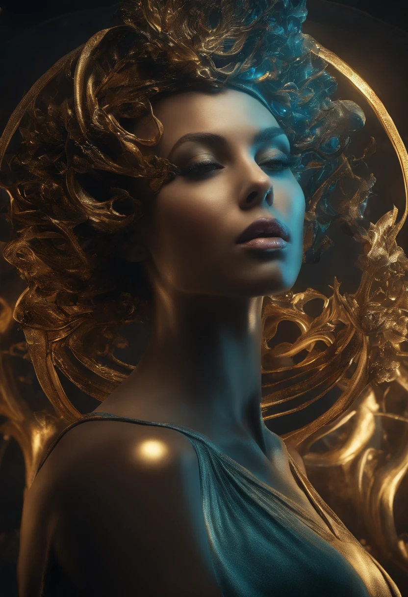 Epic hyperrealistic abstract image of a woman made using a (COLOR) makeup, in the style of hyper- realistic oil, detailed character illustrations, luminous spheres, melting, dark orange and gold,kimoicore, dark & explosive