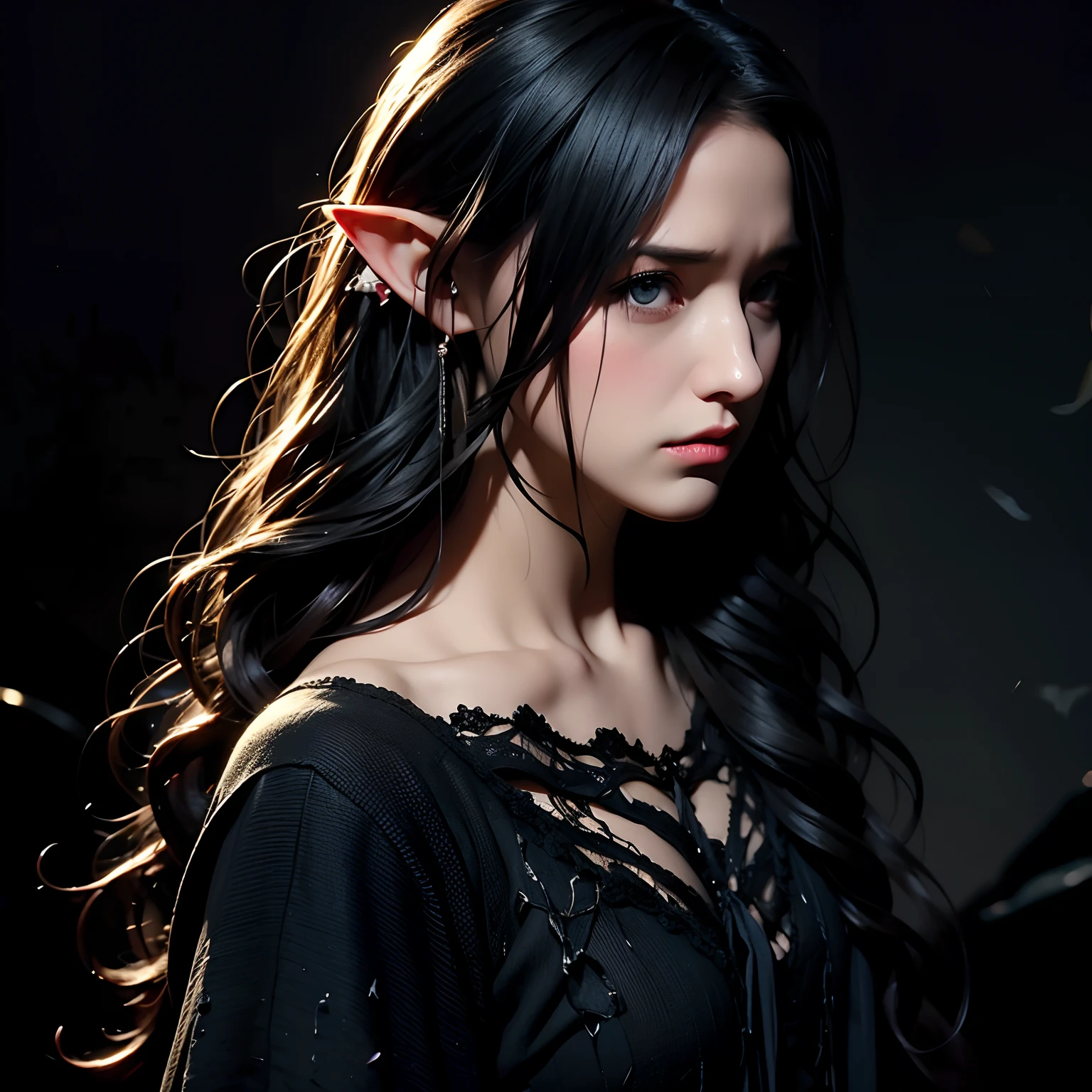 Woman, long curly hair, black hair, all black eyes, dark background, sadness, dark background, forest, torn clothes, elf ear,elf