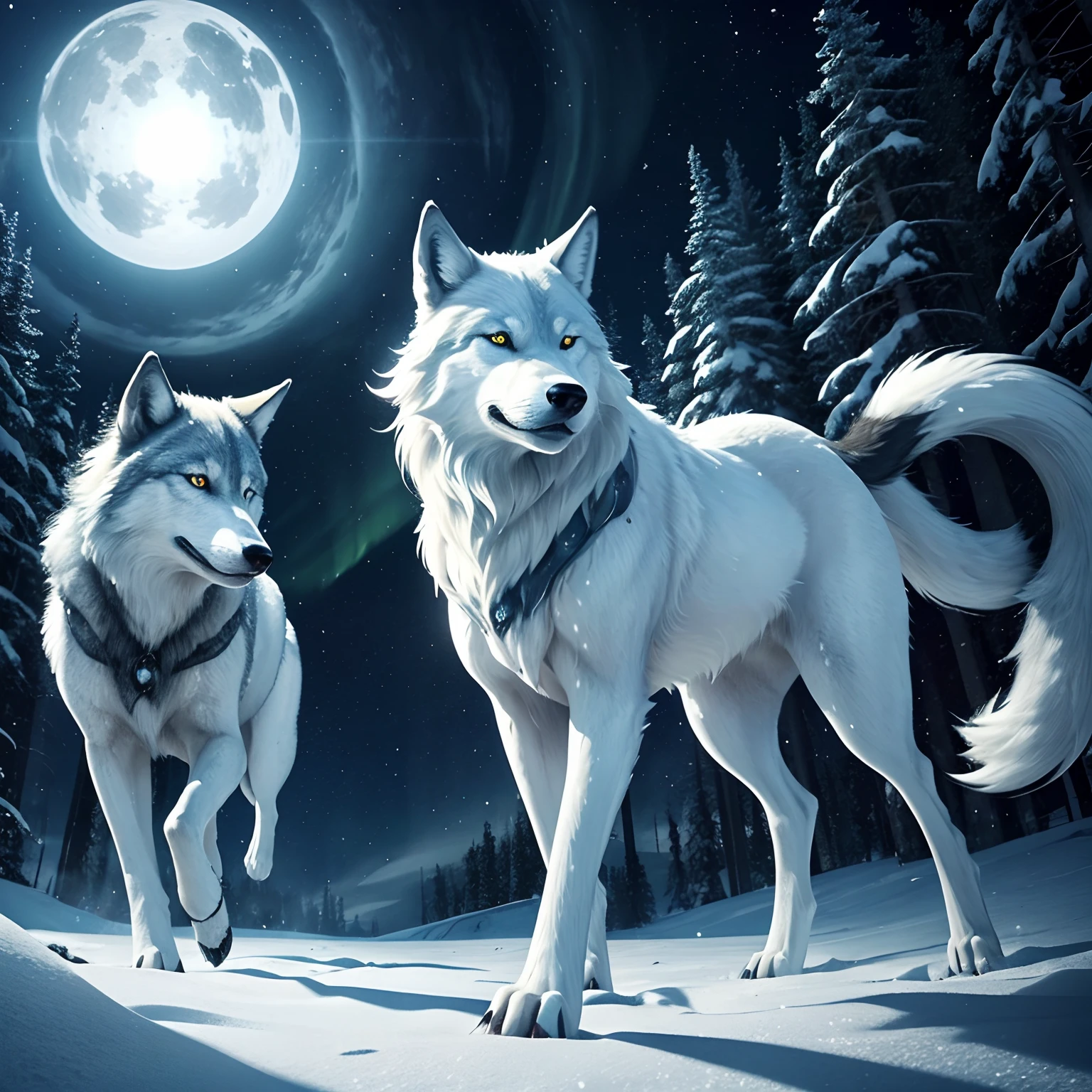 In a serene Nordic night, a fantasy wolf, snow-white and sleek, races through the snow-covered wilderness. Its fur sparkles with an otherworldly glow under the shimmering stars and the dancing northern lights. With every powerful stride, it leaves a trail of icy mist in its wake. The wolf's eyes blaze with an ethereal light, focused on a hidden destination within the enchanted winter landscape, inviting viewers to join its journey into the unknown.