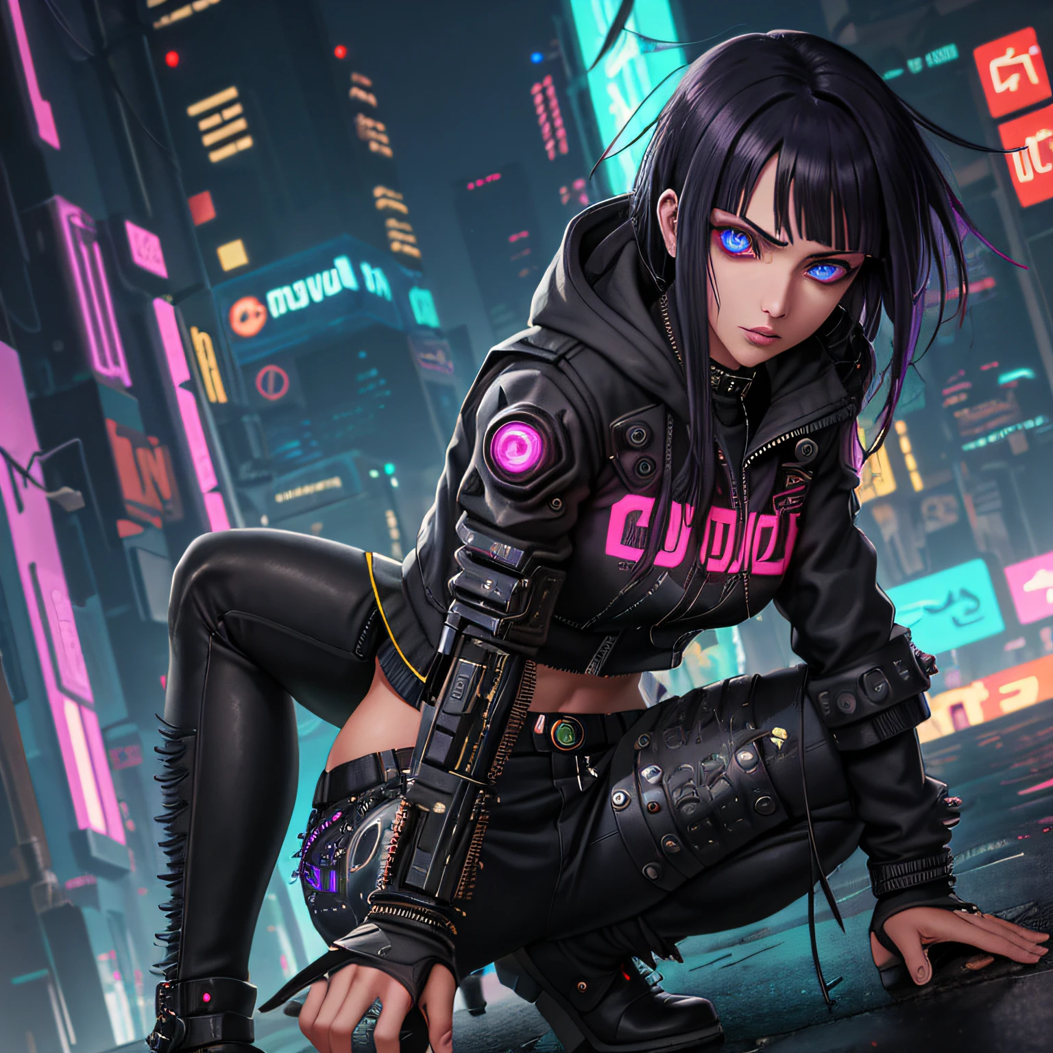 melhor qualidade, obra-prima, cinemactic, realista, Cyberpunk, cidade cyberpunk, Neon light, volumeric lighting, black sky, (chovendo, trovoada), ""identical character Hinata from the boruto anime"" rosto pefeito detalhes no olhar e no rosto em alta qualidade tudo bem detalhado (roupas cyberpunk, moletom, Slacks, roupas punk), water reflecting off the ground, ((rosto oculto)), Close-up, (roupas rasgadas), bunda de bolha,