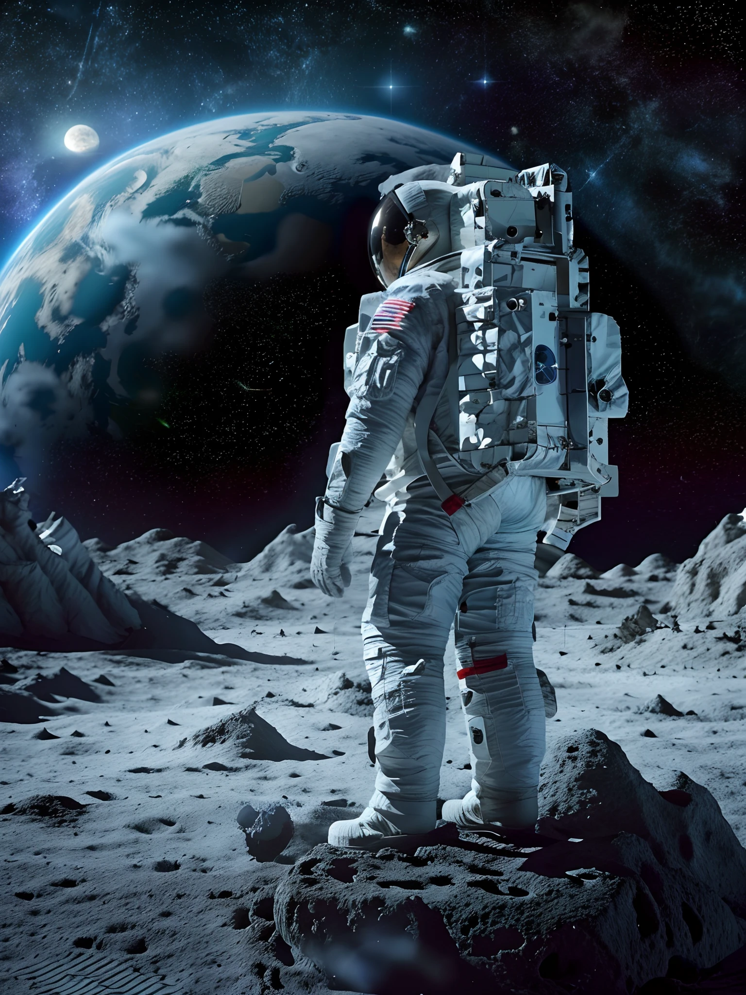 Astronauts stand on rocks in front of planets,The background is the moon, lonely astronaut, astronaut on the moon, detailed astronaut, astronaut lost in liminal space, astronaut stranded on planet, On the moon, Standing on the moon, spaceman standing looking, on the surface of the moon, astronaut standing looking, standing in outer space, on moon
