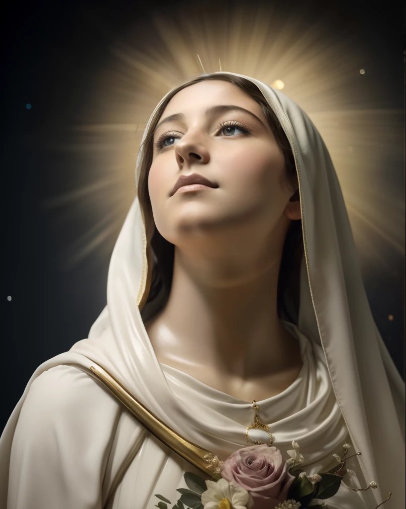 (((Blessed Virgin Mary))) Luminoso, en estilo similar al del artista WILLIAM ADOLPHE BOUGUEREAU, obra maestra, (La mejor calidad: 1.2), (super fine: 1.2), illustration, (extremadamente delicado y hermoso: 1.2), movie angle, flotante, (Hermoso ojo de detalle: 1.1), (detalle luz: 1.1), Movie Lights, Cielo delicado, ojos azules, (Cola de caballo alta: 1.1), capa, ojuelos, cielo estrellado, (light particles: 1.1) dibujo, flor. (obra maestra), (La mejor calidad), (fotorrealista:1.3), 8k, Textura detallada de la piel, Textura detallada de la tela, hermosa cara detallada, Detalles intrincados, ultra detallado (cuerpo de cuerpo entero:1.2)