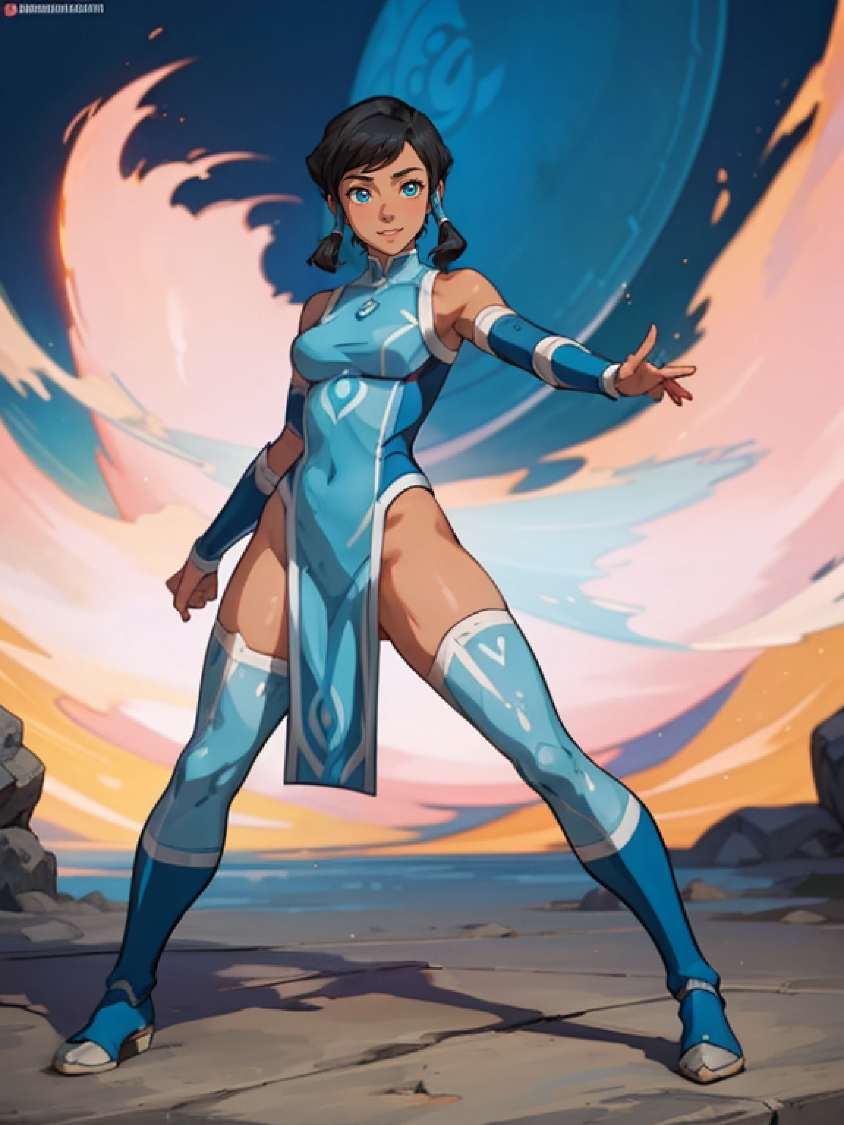 1girl, solo, (masterpiece), best quality, ultra-detailed, Korra from Avatar, Retro style, full body. fashion cloth, fancy. waterbending, happy, sexy smiling