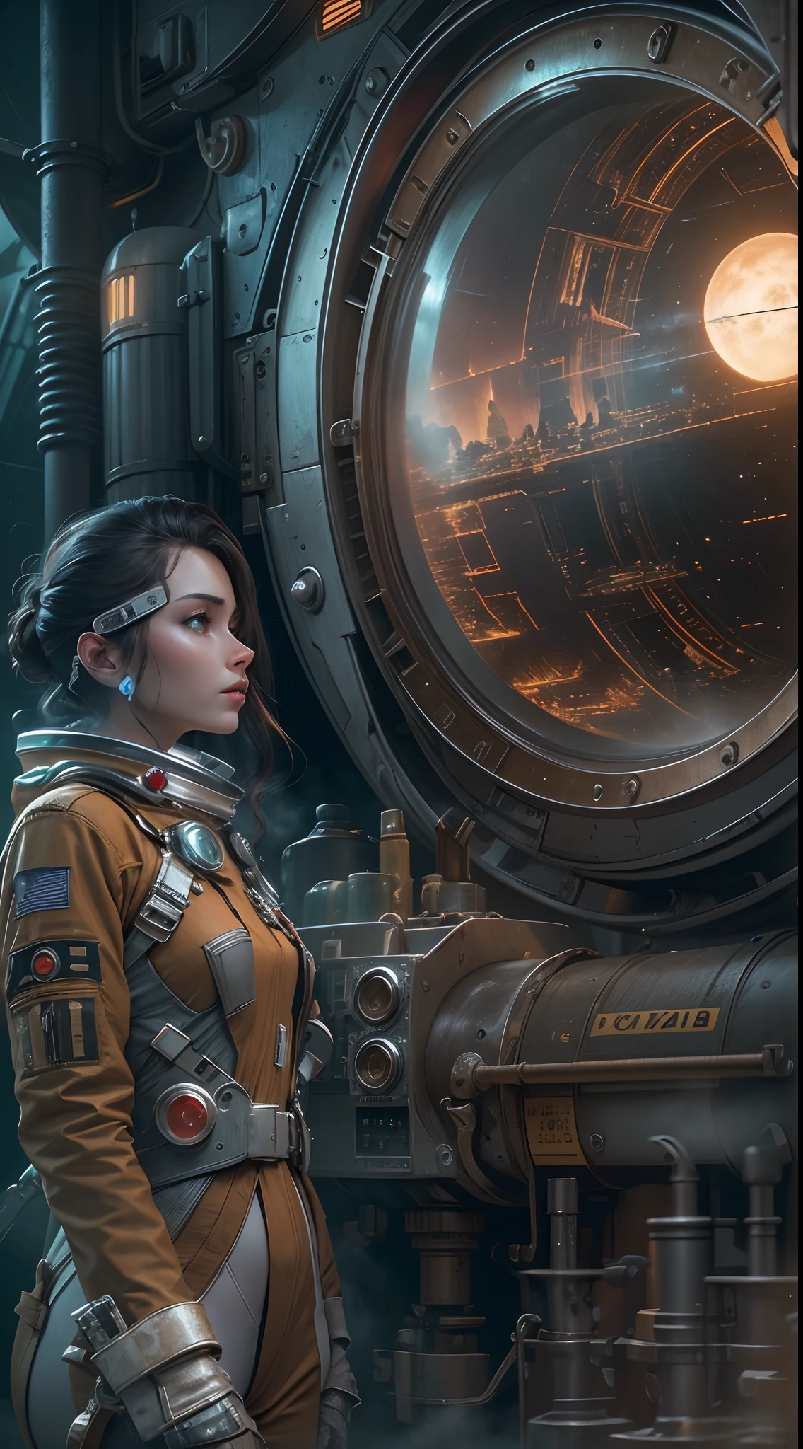 (Best quality,4K,8K,A high resolution,Masterpiece:1.2),Ultra-detailed,(Realistic,Photorealistic,photo-realistic:1.37),Astronaut,Steam punk,film-noir,Otherworldly,Vivid colors,Dreamlike,Sci-fi,subtly lit,Atmospheric,view of the cosmos,Steam-powered machinery,Ethereal,hauntingly beautiful,Moody shadows,Retro-futuristic technology,Starlight fog,exploration,Adventure,Mystery,Galactic environment,exalted,Isolated heroine,Interstellar Travel,dramatic contrast,distant planets,Majestic face,ornate detail,Sci-fi fashion,Extremely detailed suit,Smoke and fog effects,contrasting textures,Timeless beauty