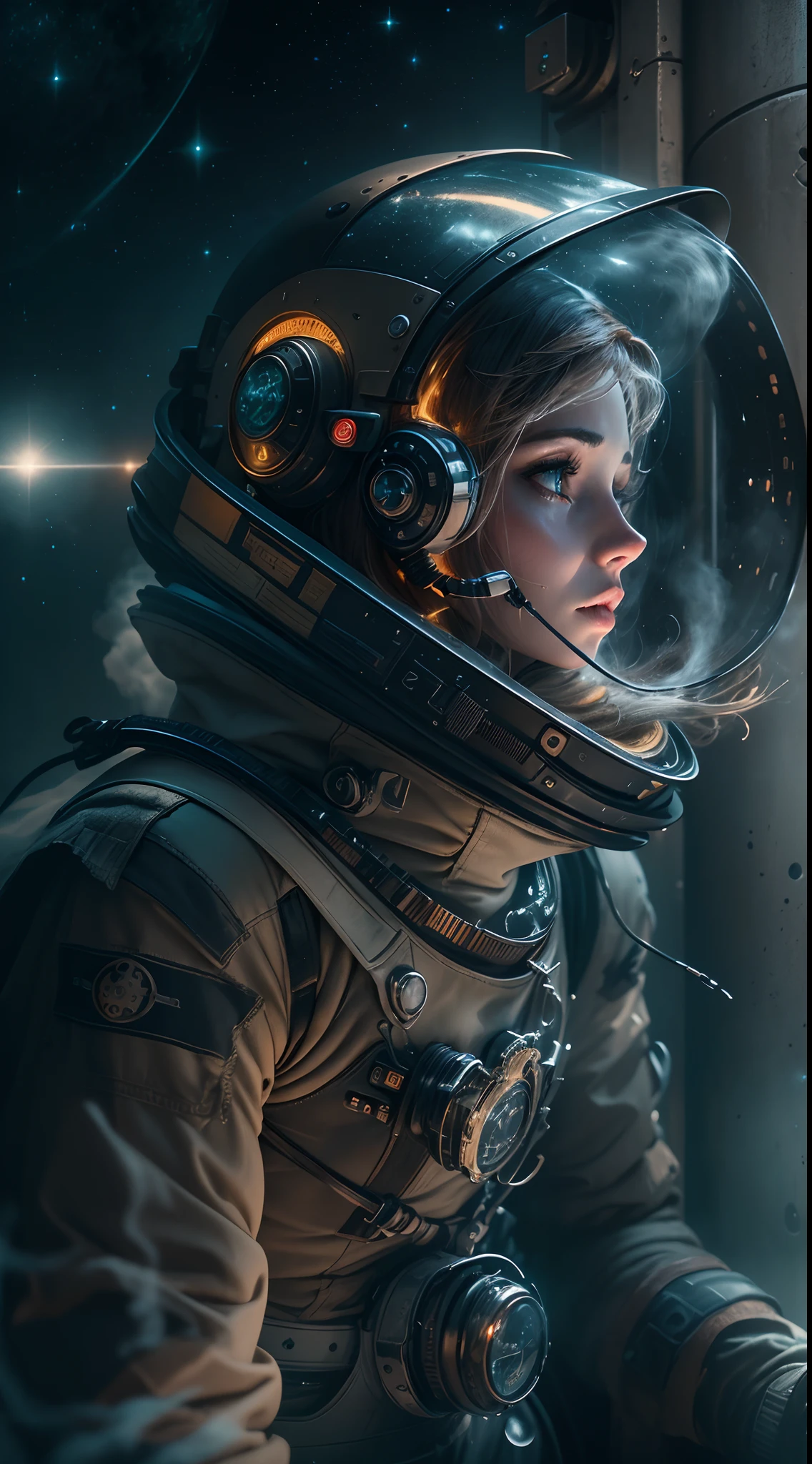 (Best quality,4K,8K,A high resolution,Masterpiece:1.2),Ultra-detailed,(Realistic,Photorealistic,photo-realistic:1.37),Astronaut,Steam punk,film-noir,Otherworldly,Vivid colors,Dreamlike,Sci-fi,subtly lit,Atmospheric,view of the cosmos,Steam-powered machinery,Ethereal,hauntingly beautiful,Moody shadows,Retro-futuristic technology,Starlight fog,exploration,Adventure,Mystery,Galactic environment,exalted,Isolated heroine,Interstellar Travel,dramatic contrast,distant planets,Majestic face,ornate detail,Sci-fi fashion,Extremely detailed suit,Smoke and fog effects,contrasting textures,Timeless beauty