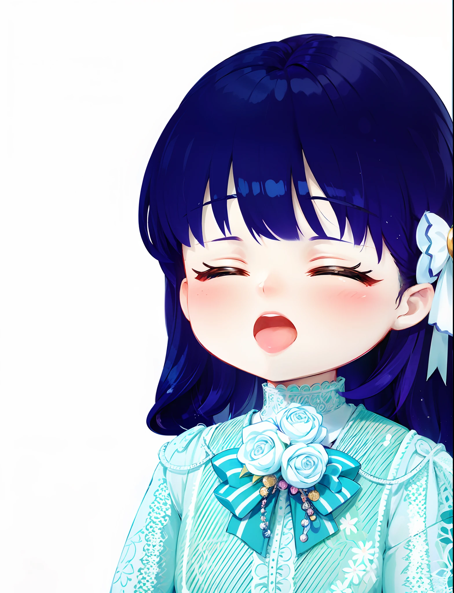anime com cabelo preto e blusa azul com flor branca, kawaii retrato realista, Loli, tem cabelo preto com franja, No estilo de arte de Bowater, visual anime de uma menina bonnspirado em Ma Yuanyu, menina pequena Loft anime illusion, menina kawaii bonito, animartstyle, ;boca aberta